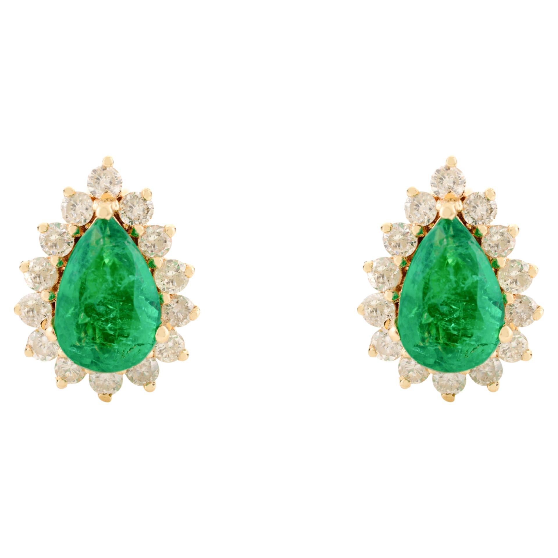 Pear Cut Zambian Emerald With Diamond Stud Earrings Made in 14k Yellow Gold