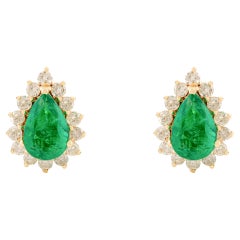 Pear Cut Zambian Emerald With Diamond Stud Earrings Made in 14k Yellow Gold