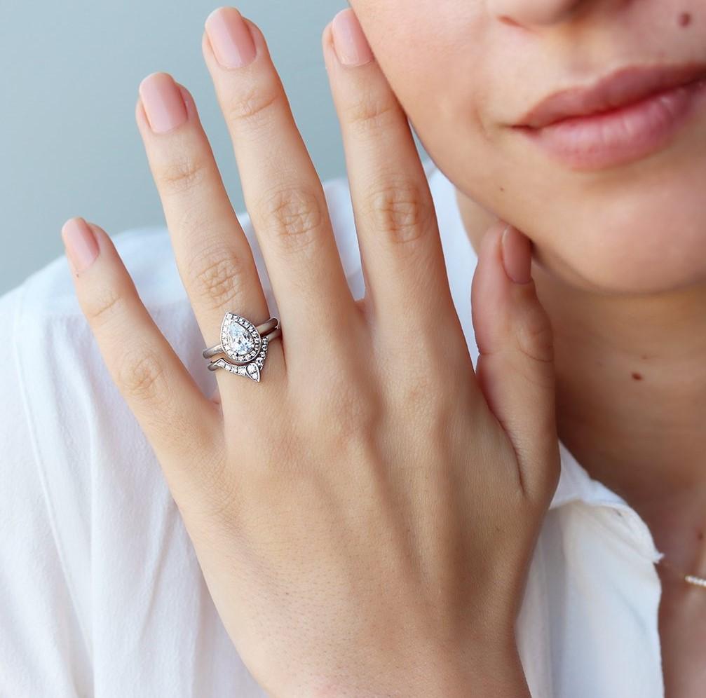 Pear Cut Pear Diamond 1.0ct Halo Engagement & Wedding Two Ring Bridal Set 