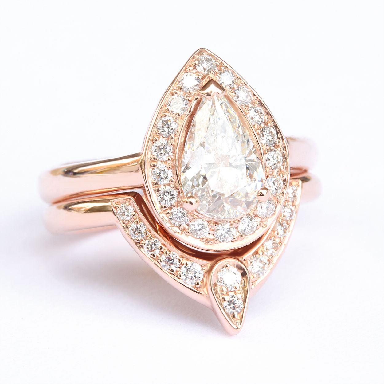 Pear Diamond 1.0ct Halo Engagement & Wedding Two Ring Bridal Set 