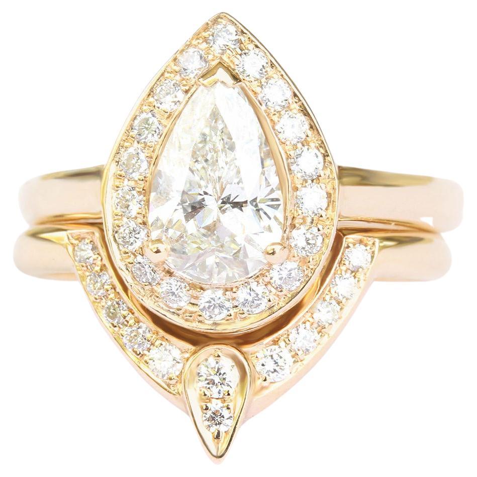 Pear Diamond 1.0ct Halo Engagement & Wedding Two Ring Bridal Set "The 3rd Eye" For Sale