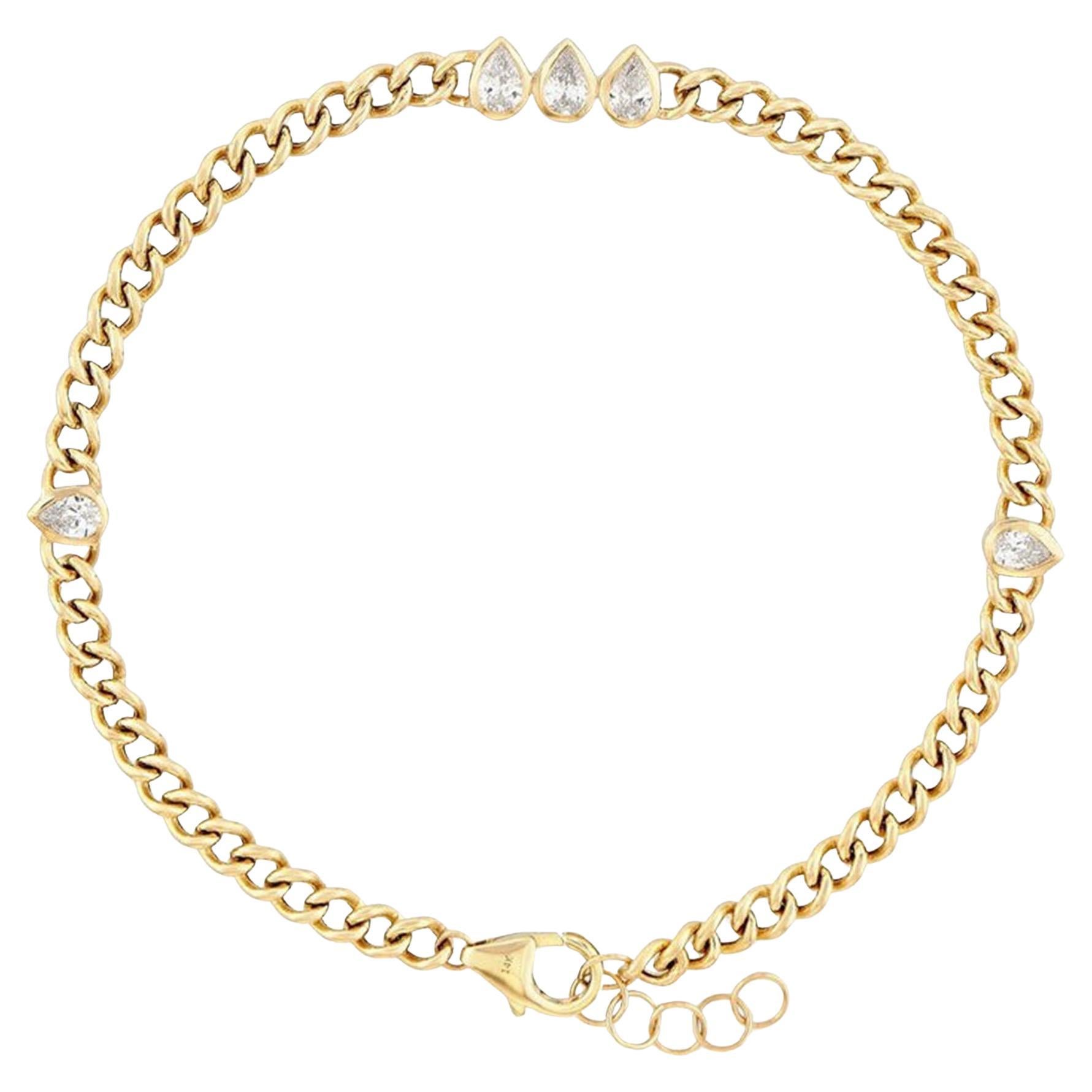 Pear Diamond 14K (or 18k upon request) Yellow Gold Curb Chain Bracelet For Sale
