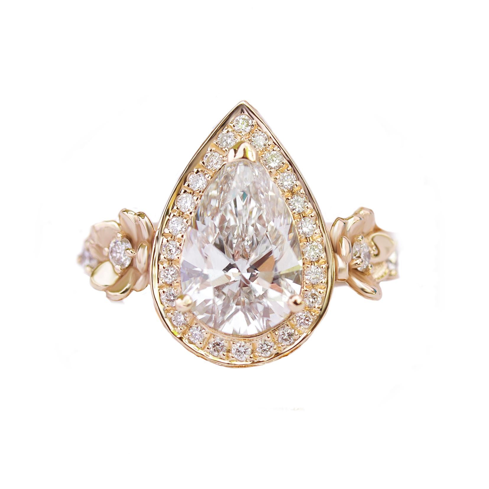 Art Deco Pear Diamond 1.50ct Floral Unique Engagement Ring, Alternative Bride - 