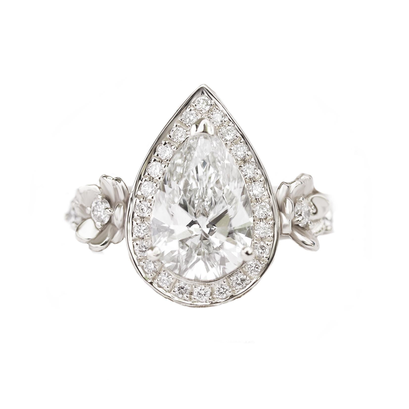 Pear Cut Pear Diamond 1.50ct Floral Unique Engagement Ring, Alternative Bride - 