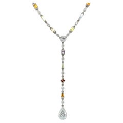 Pear diamond and multi coloured diamonds art deco drop necklace 18k white gold