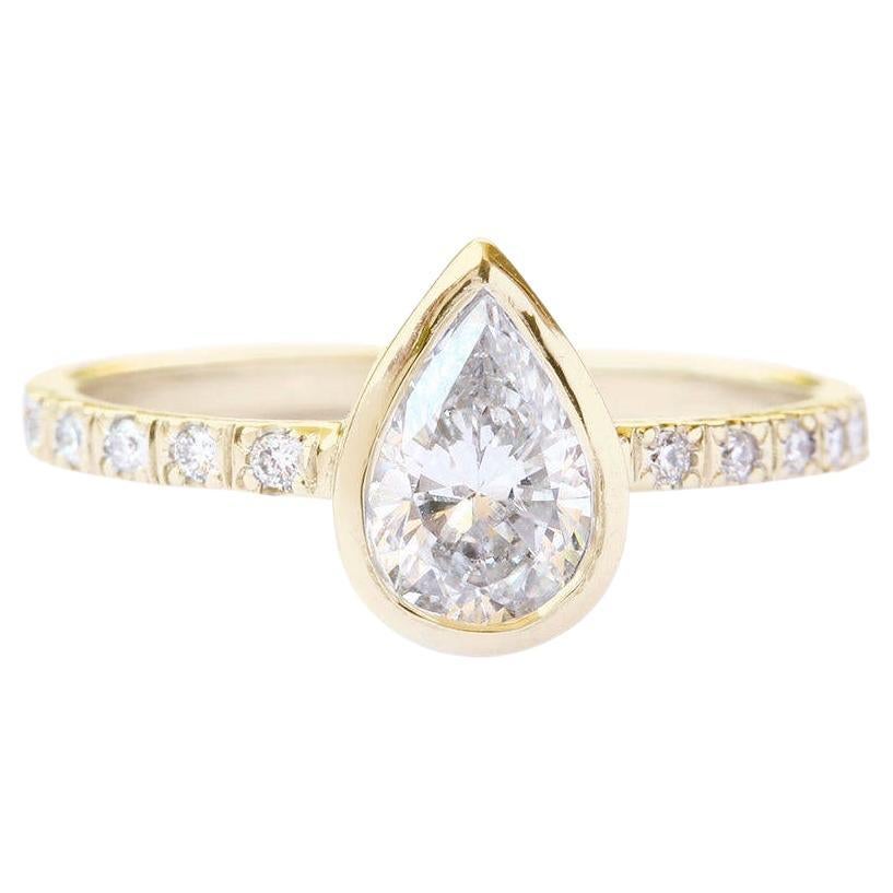 Pear Diamond Bezel Set Diamond Pave Band Minimal and Delicate Engagement Ring