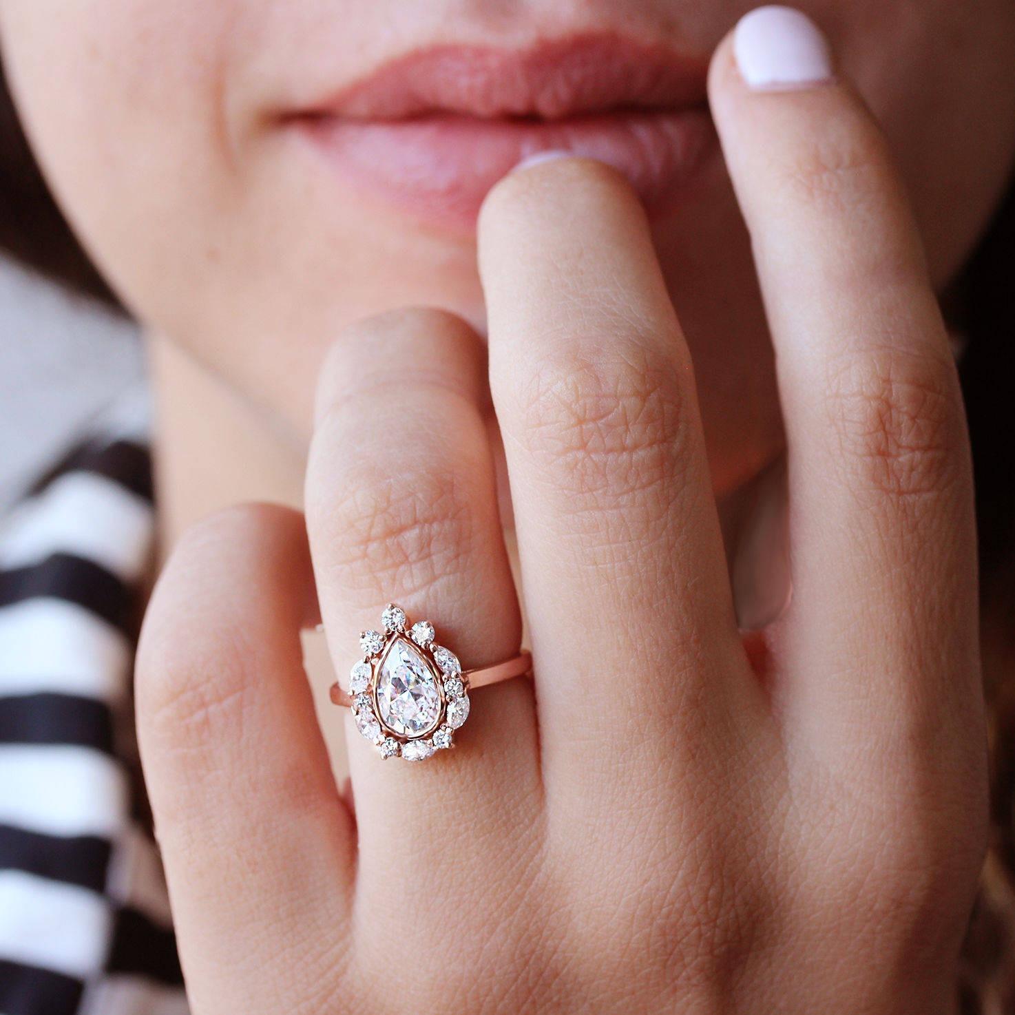Pear Cut Pear Diamond Bezel Set Halo Unique and Delicate Engagement Ring - 