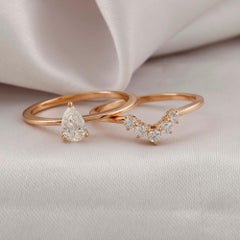 0.57 Ct Natural Diamond Pear Solitaire & Crown Band Ring Set 18k Rose Gold