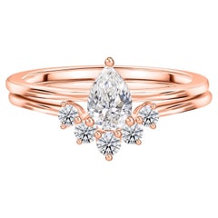 0.57 Ct Natural Diamond Pear Solitaire & Crown Band Ring Set 18k Rose Gold