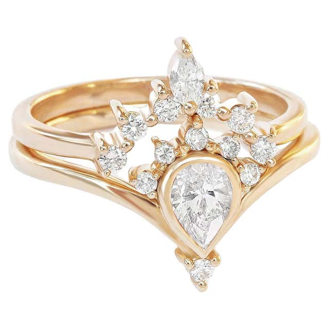 Pear Diamond Delicate Engagement Ring and 5 Leaves Wedding band, Two ...
