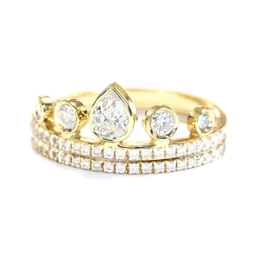 Art Deco Pear Diamond Crown Tiara Unique Stacking Two Rings Set - 