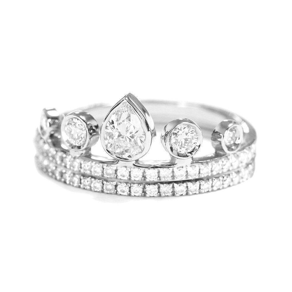 Pear Diamond Crown Tiara Unique Stacking Two Rings Set - "Meraki" For Sale