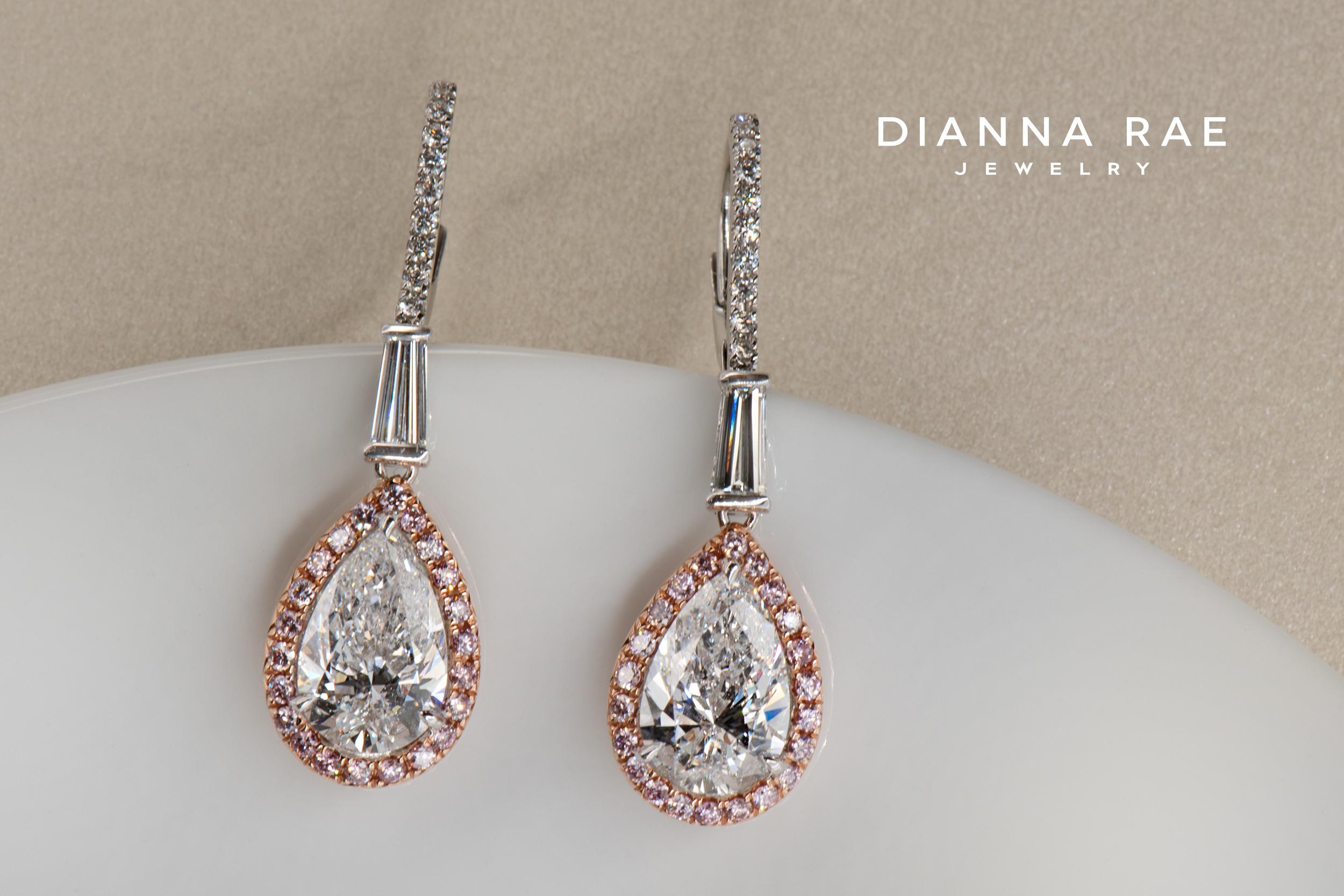 Pear Cut 5.16 Carat Pear Diamond Dangle Earrings Pink Diamond Halo 18 Karat White Gold