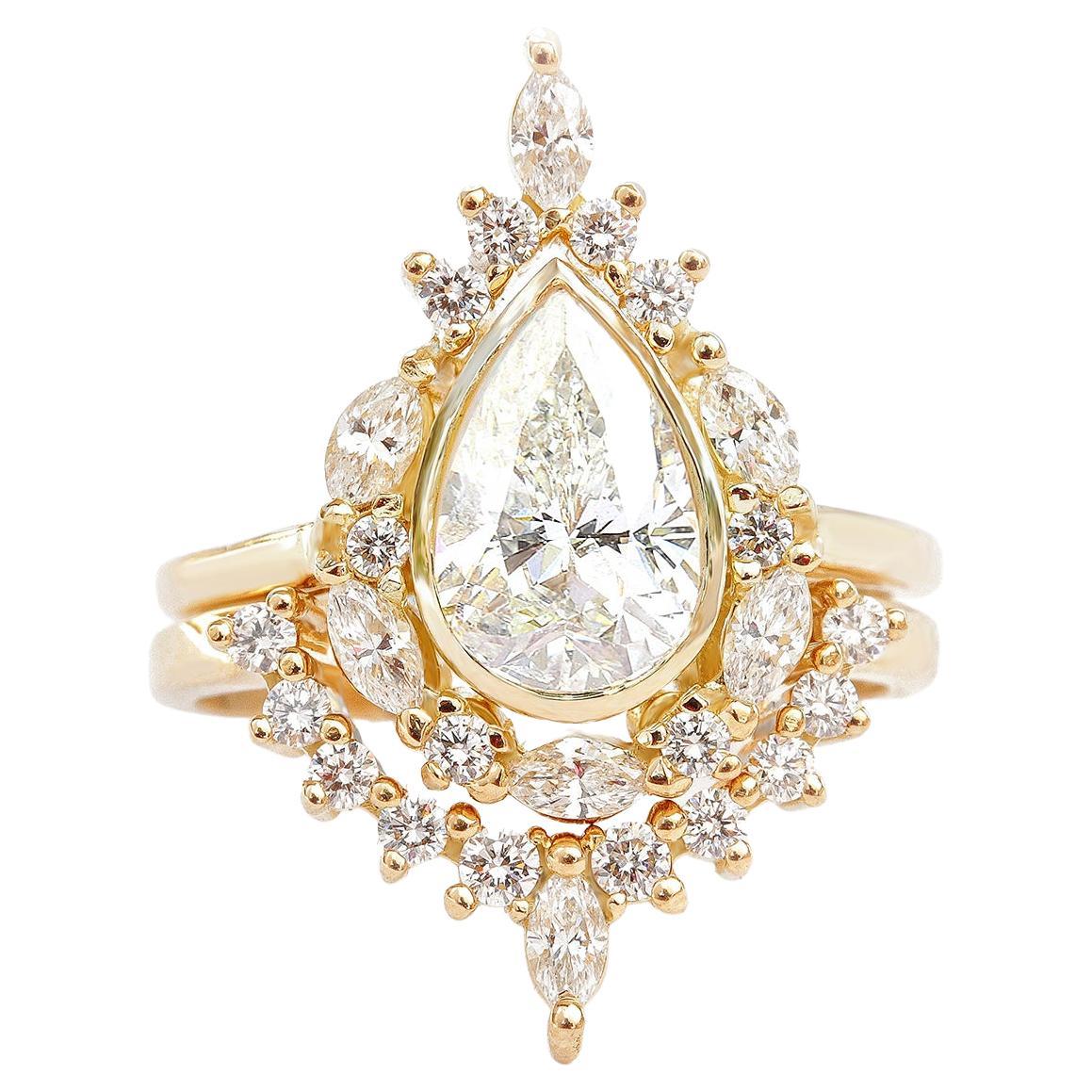 Pear Diamond Engagement Ring & Matching Nesting Ring, Unique Diamond Halo - Eva For Sale