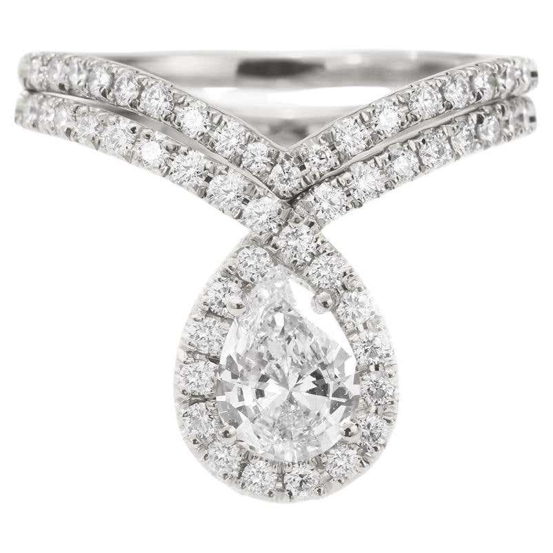 Pear Diamond Delicate Engagement Ring and 5 Leaves Wedding band, Two ...