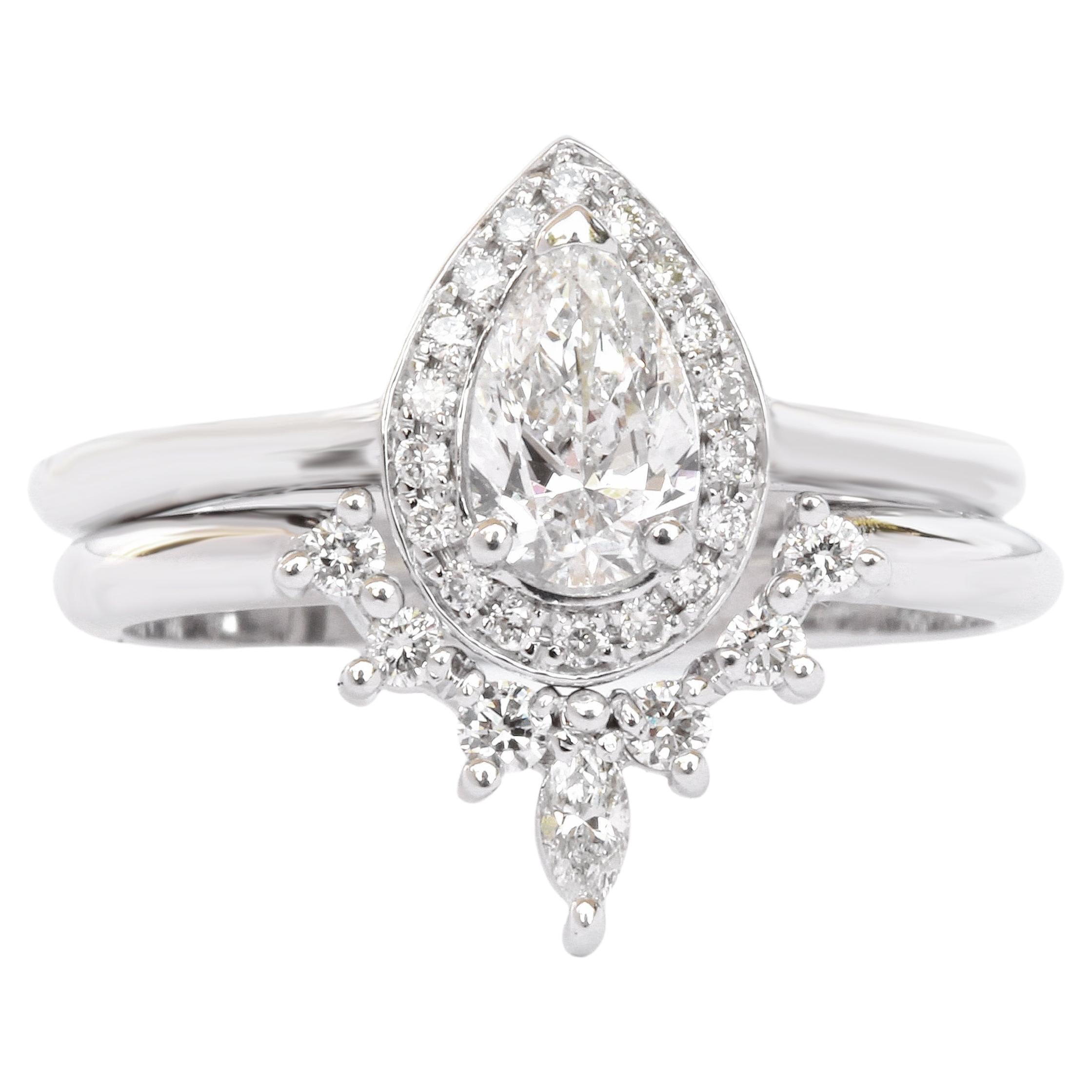 Pear Diamond Halo Engagement Ring & "Romi" Diamond Wedding Sideband For Sale