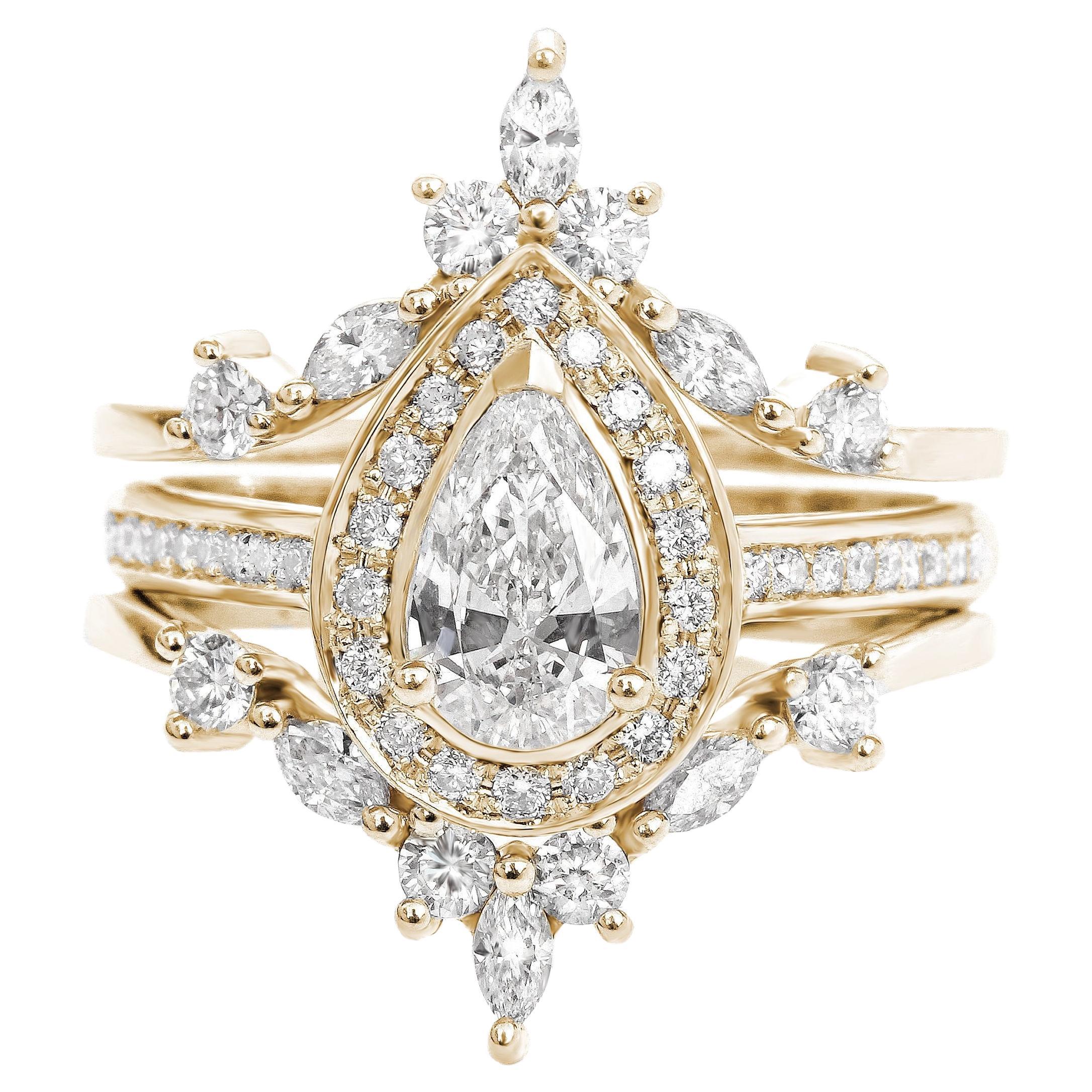 Bague de fiançailles halo de diamants en poire avec garde en diamants "Nia" et "Iceland"