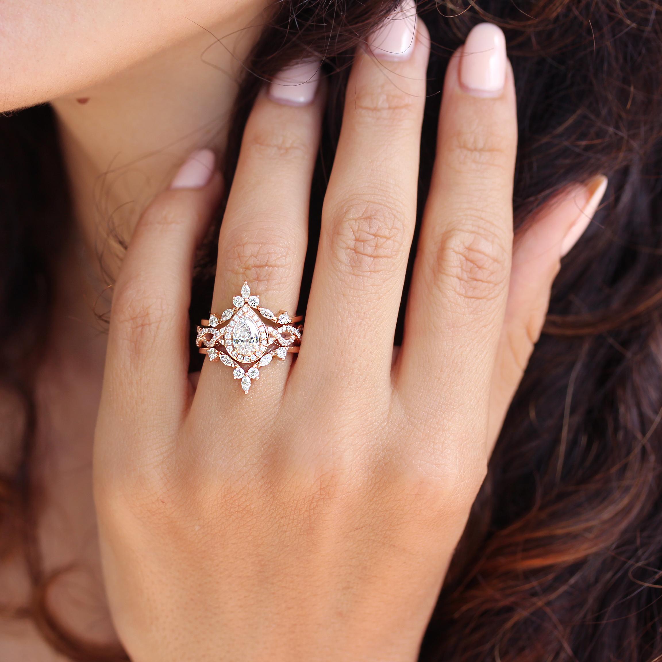0.70 carat Pear Diamond Halo Twist Shank Engagement Ring & "Iceland" Ring Guard