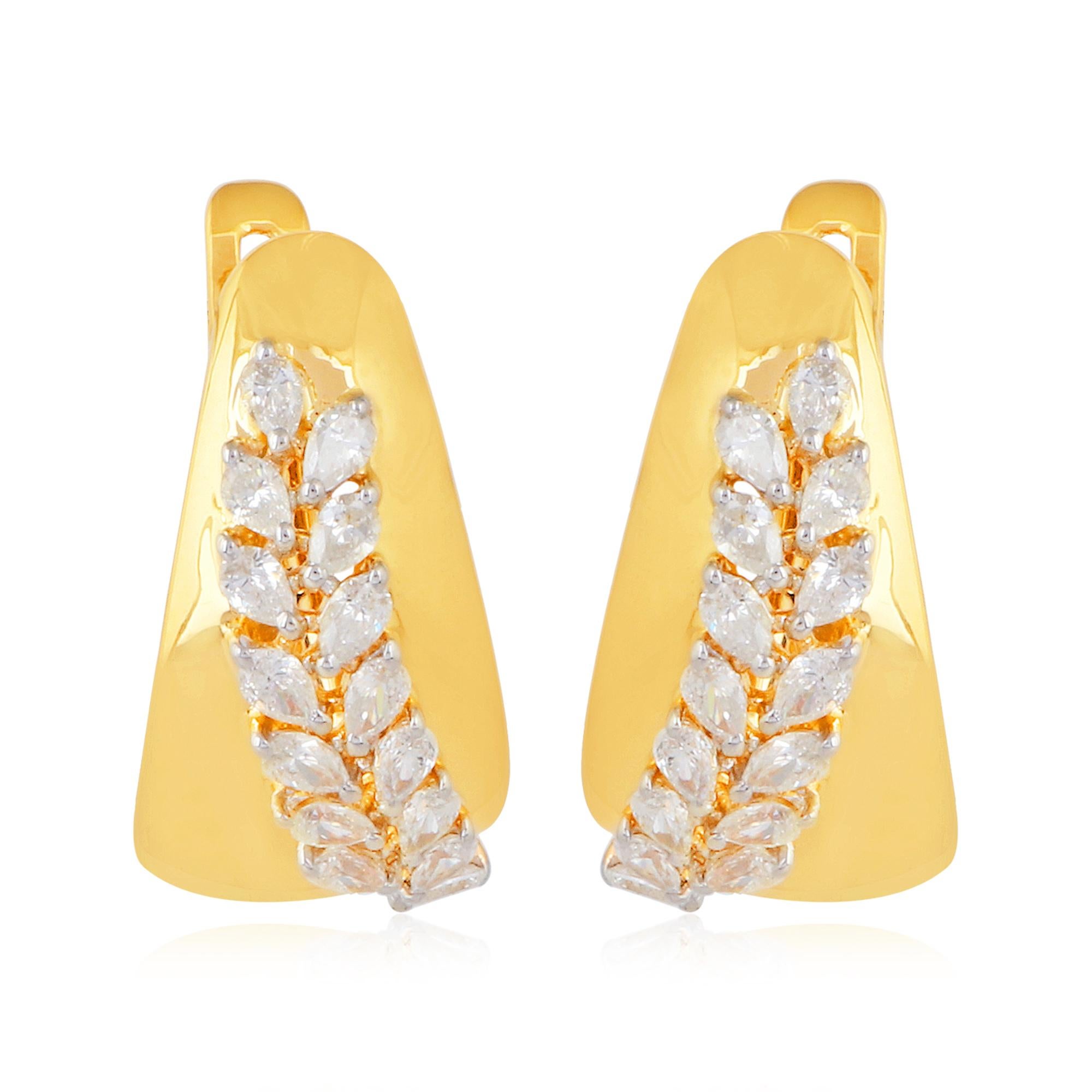 Modern Pear Diamond Leaf Design Hoop Earrings 18 Karat Yellow Gold Handmade Jewelry For Sale
