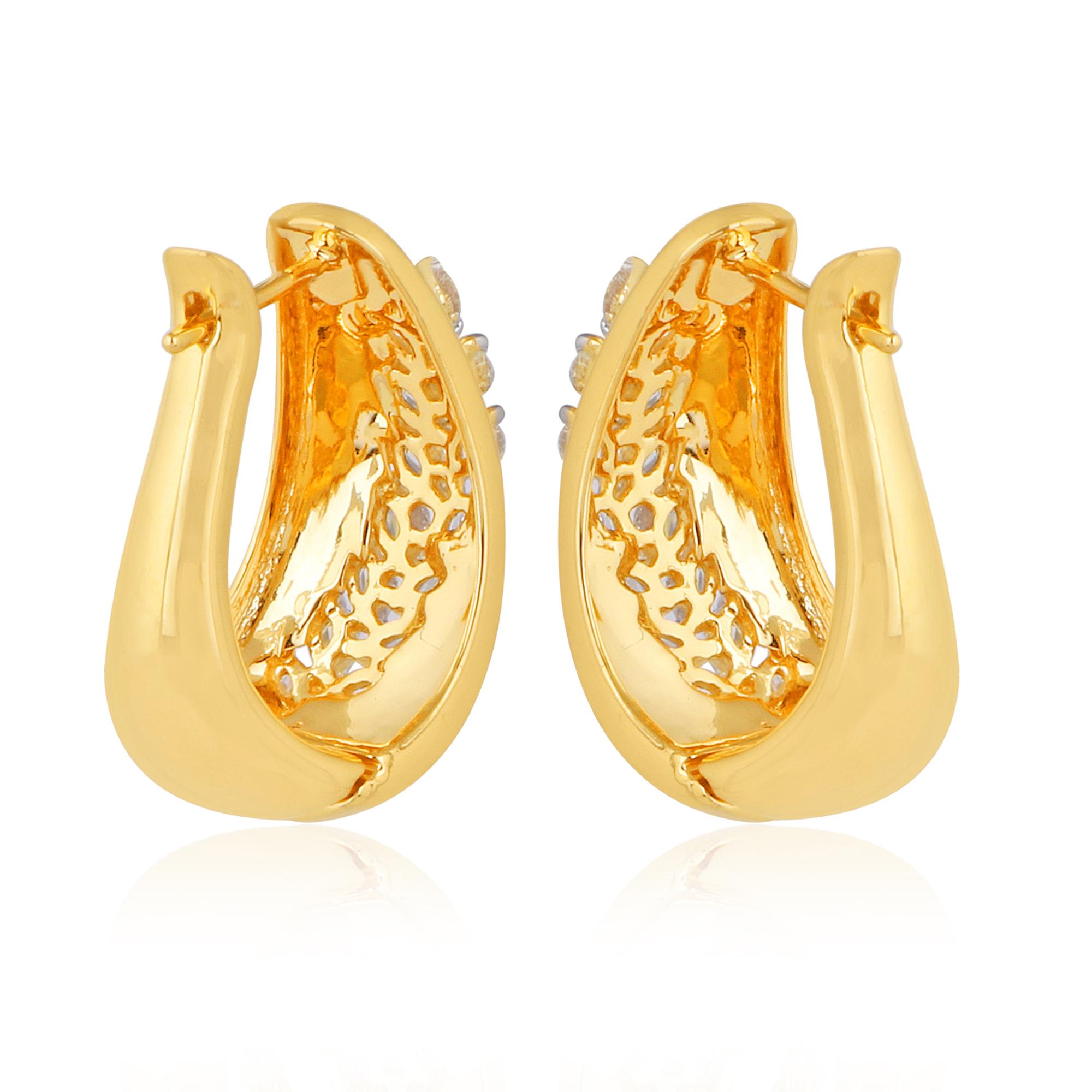 Pear Cut Pear Diamond Leaf Design Hoop Earrings 18 Karat Yellow Gold Handmade Jewelry For Sale
