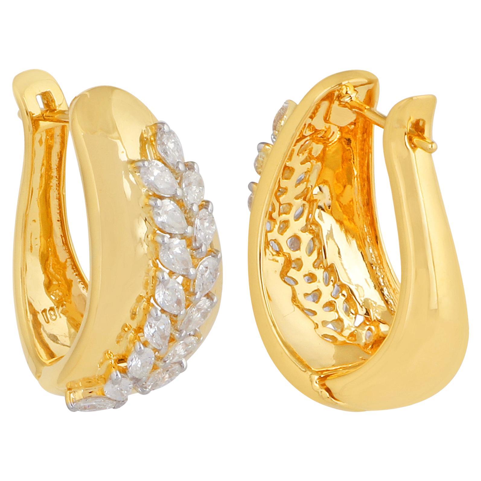 Pear Diamond Leaf Design Hoop Earrings 18 Karat Yellow Gold Handmade Jewelry For Sale