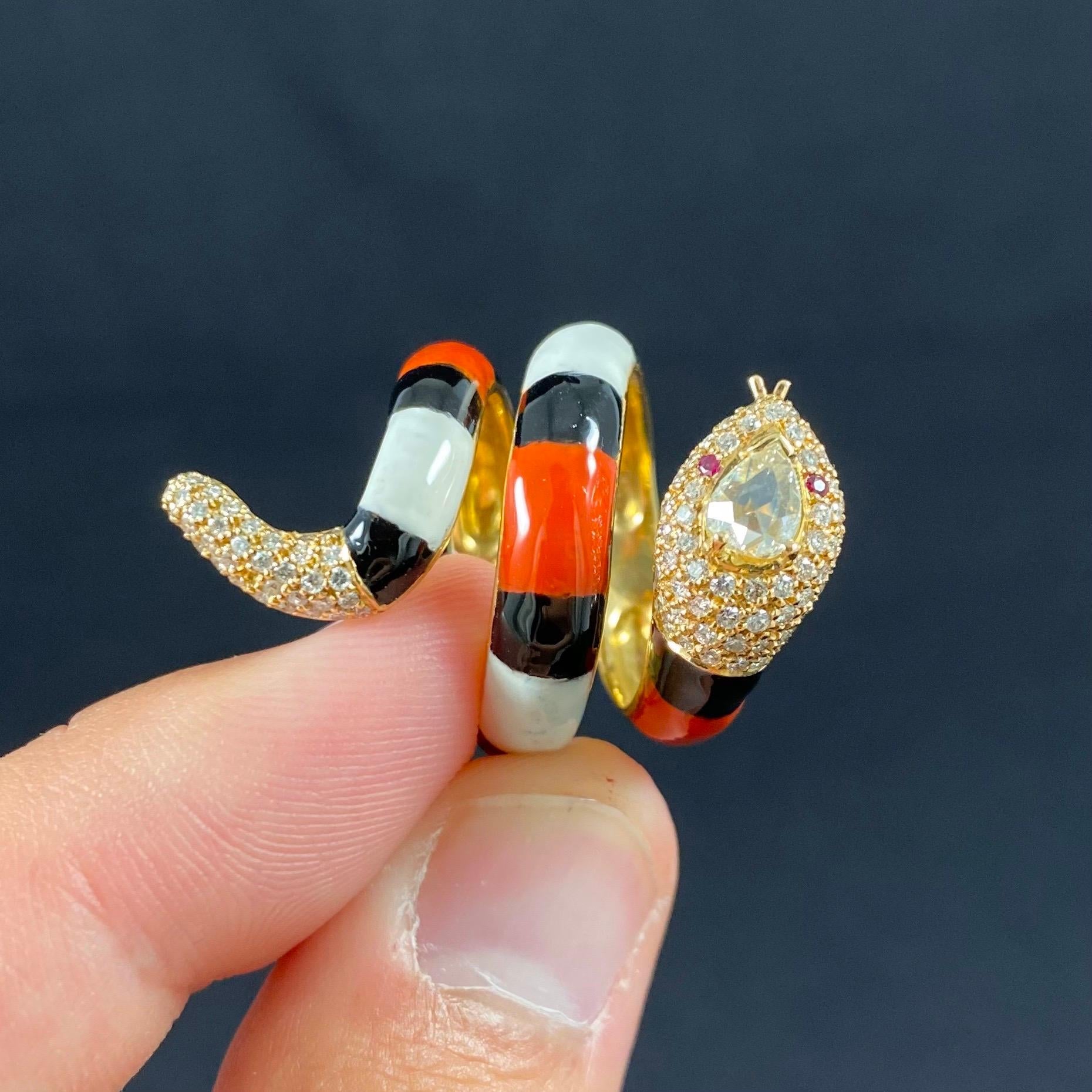Contemporary Pear Diamond Orange Black White Enamel Coiled Serpent Snake Ring Yellow Gold For Sale