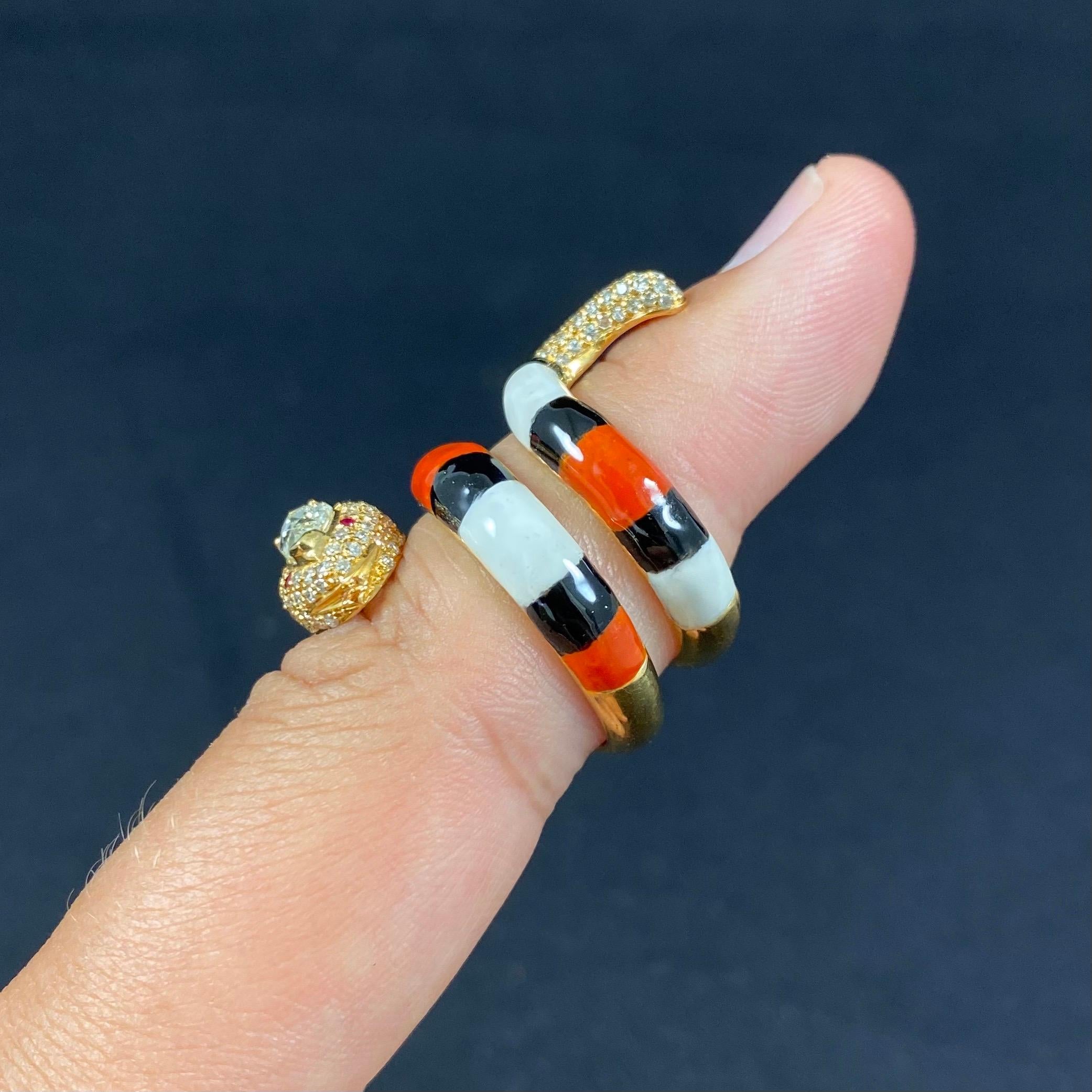 Pear Diamond Orange Black White Enamel Coiled Serpent Snake Ring Yellow Gold In Good Condition For Sale In Lisbon, PT
