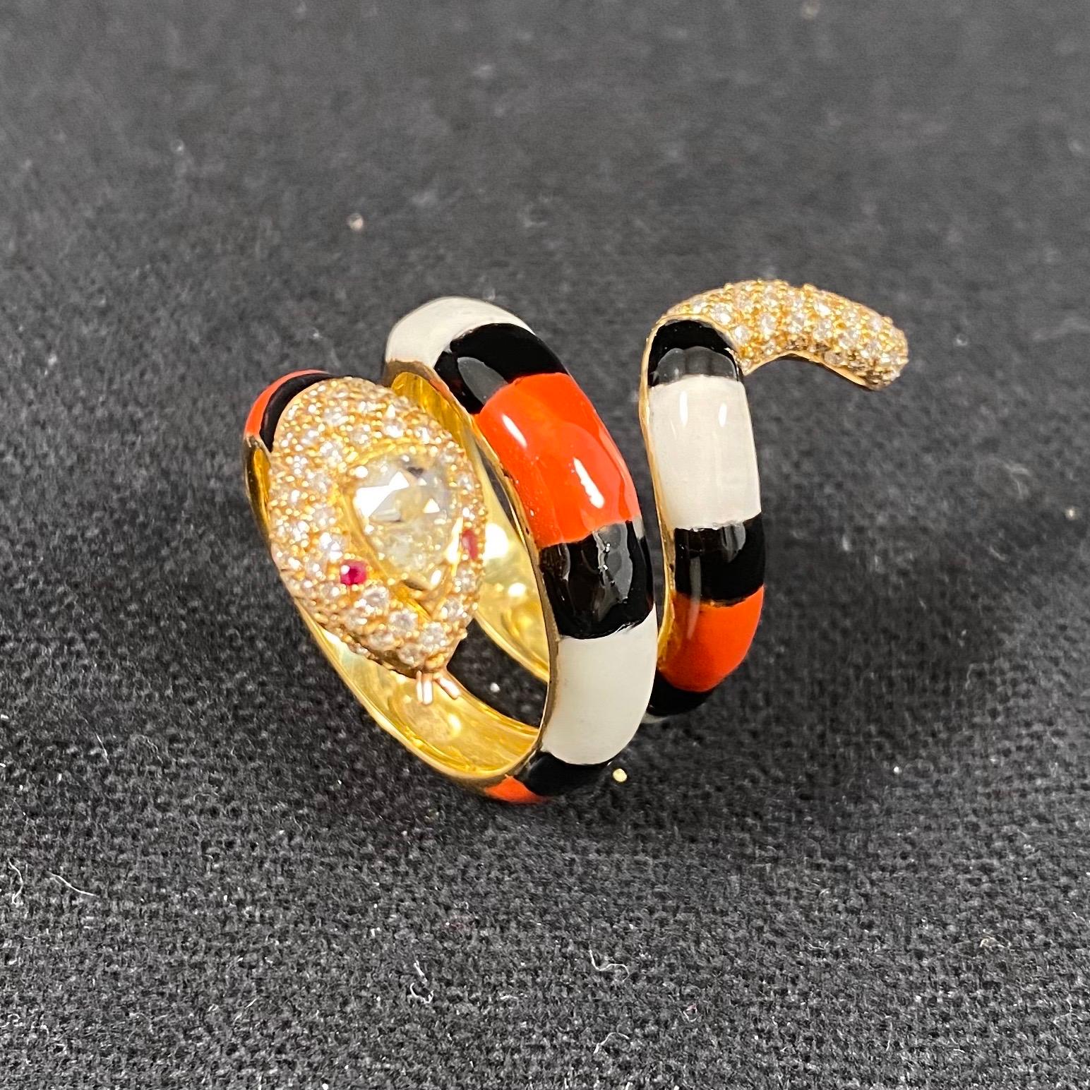 Women's or Men's Pear Diamond Orange Black White Enamel Coiled Serpent Snake Ring Yellow Gold For Sale