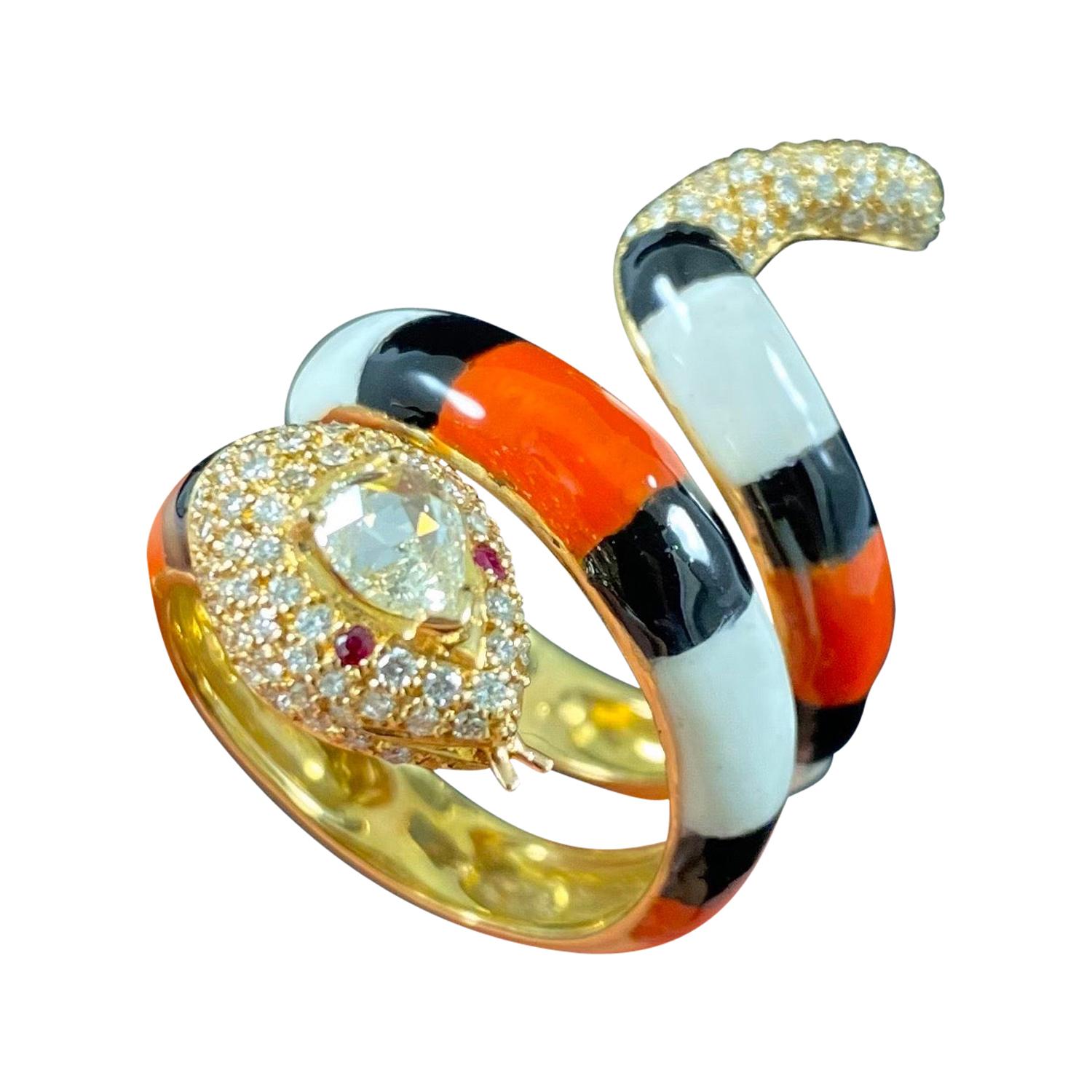 Pear Diamond Orange Black White Enamel Coiled Serpent Snake Ring Yellow Gold For Sale