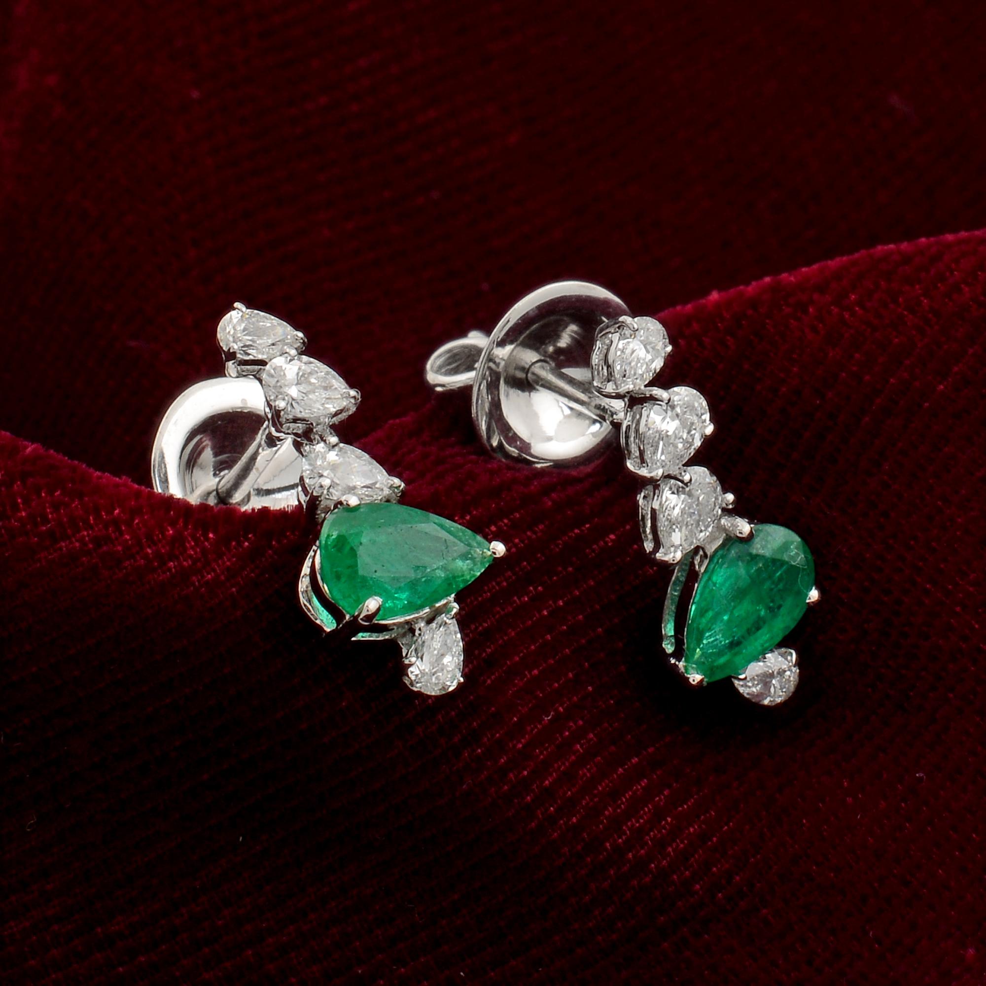 Modern Pear Diamond Stud Earrings Natural Emerald Gemstone 14k White Gold Fine Jewelry For Sale