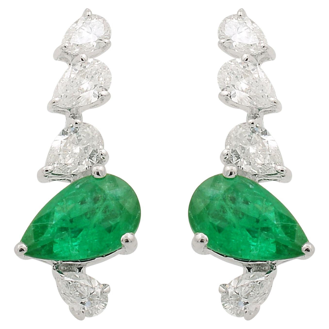 Pear Diamond Stud Earrings Natural Emerald Gemstone 14k White Gold Fine Jewelry For Sale