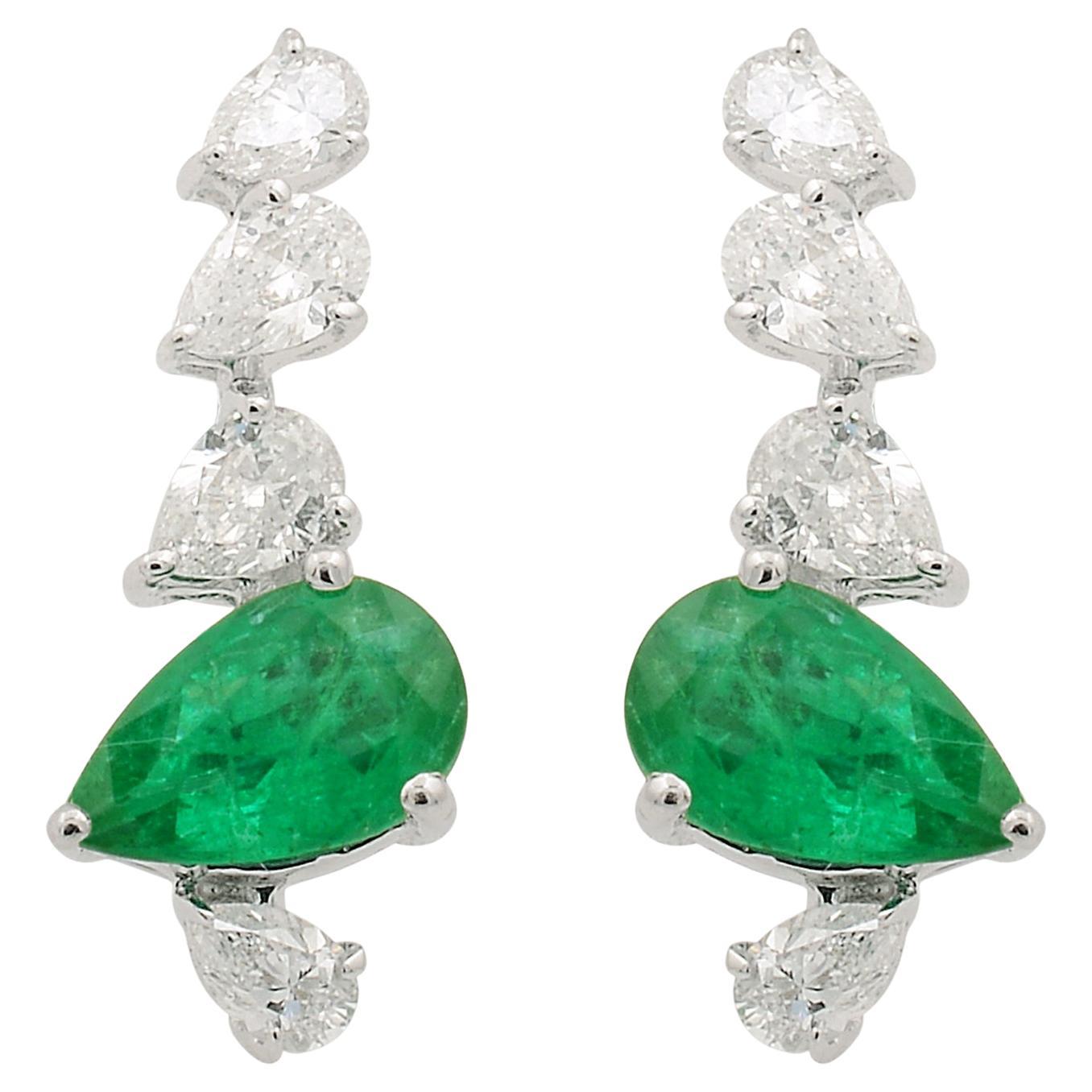Natural Emerald Gemstone Chandelier Earrings Diamond 14k White Gold