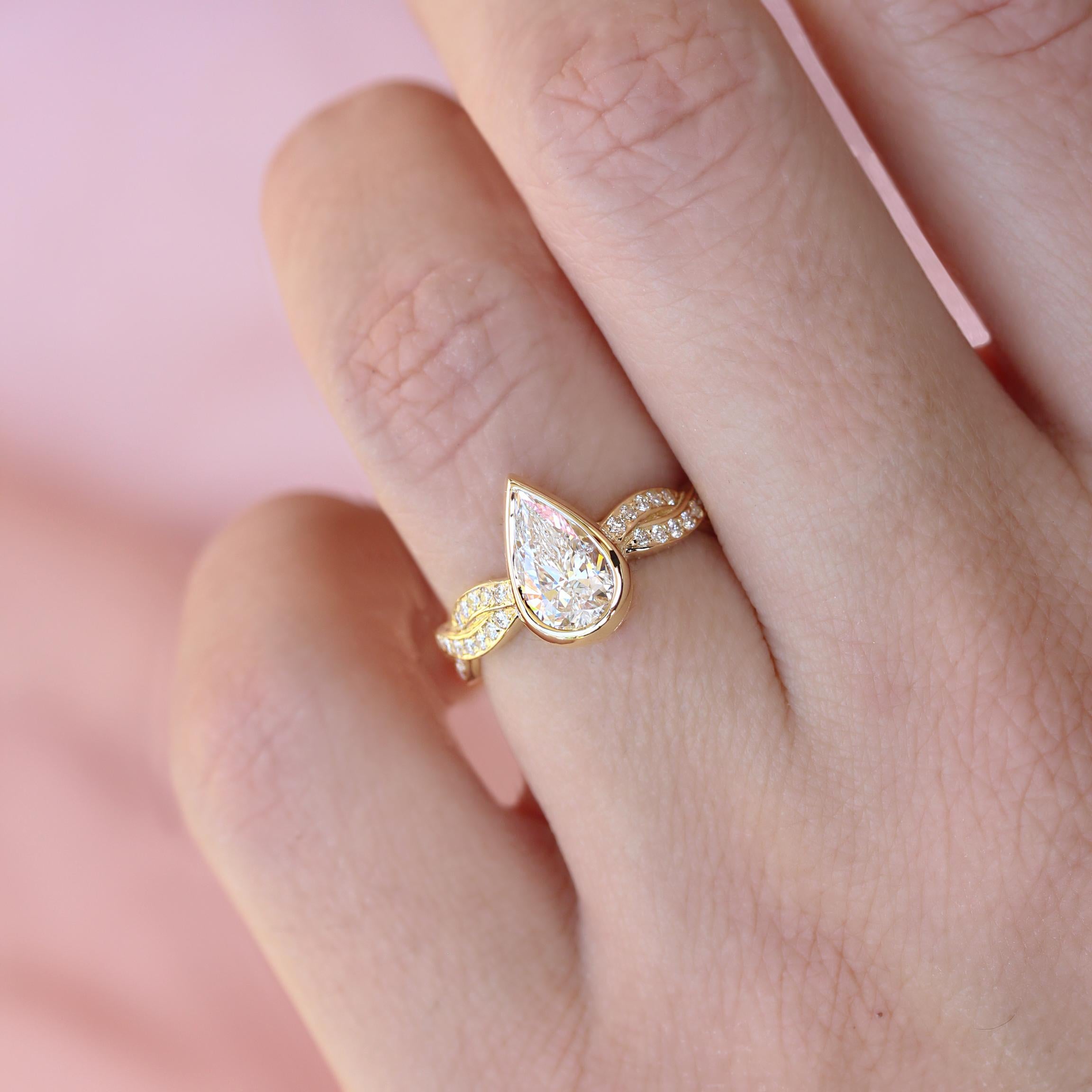 Pear Diamond Bezel Set with a Diamond Twist Shank Band Unique Engagement Ring - 