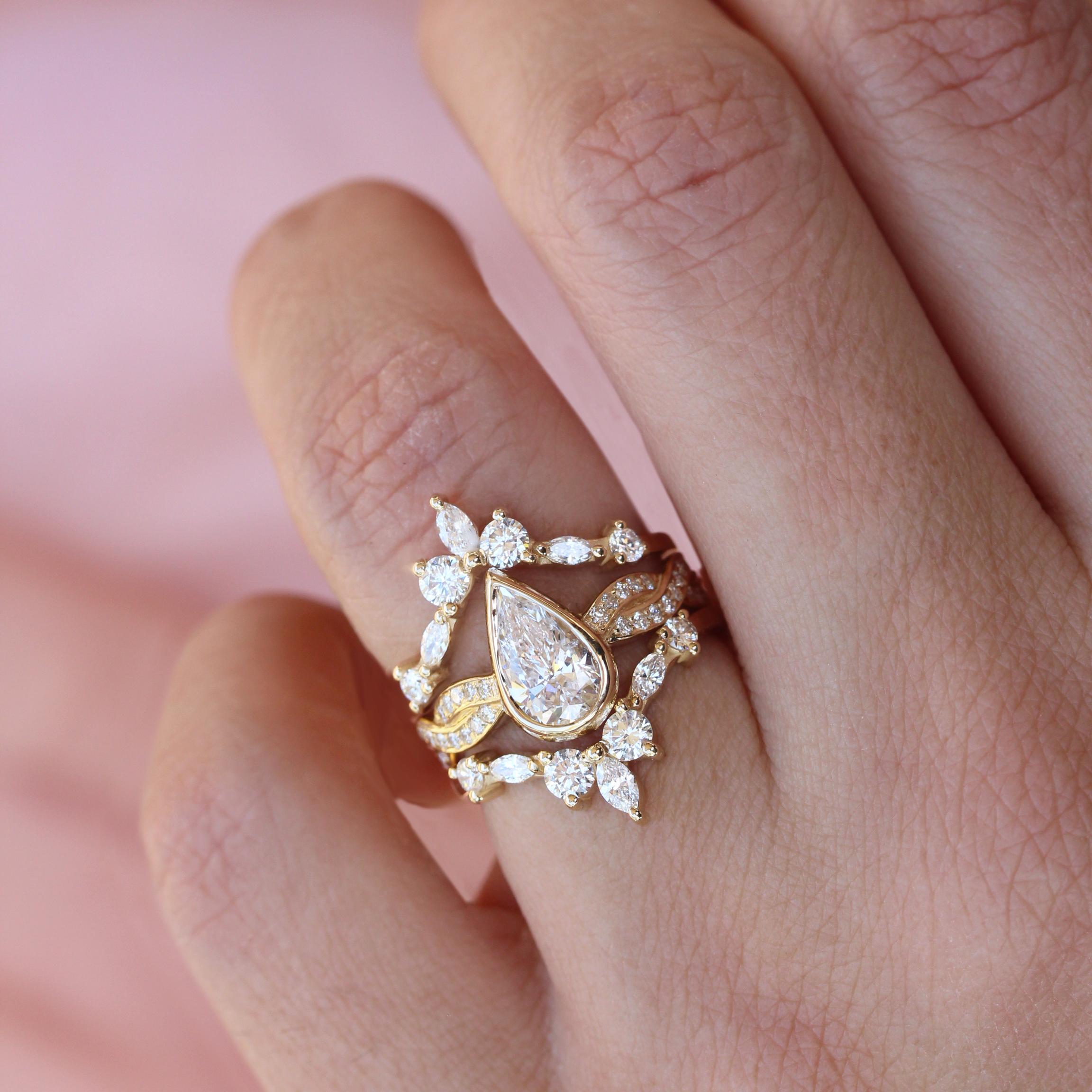 Art Deco Pear Diamond Unique Bezel Engagement Ring 