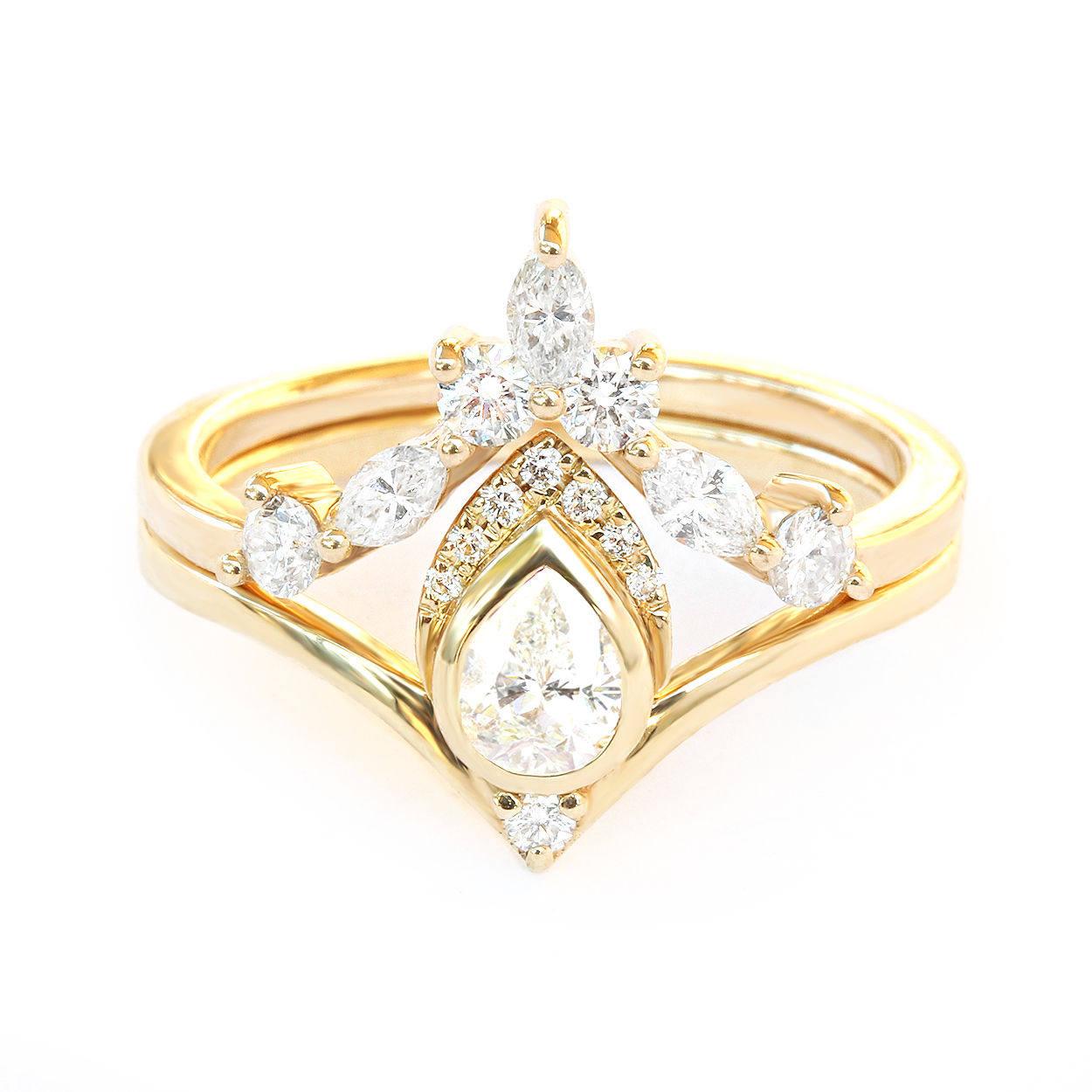 Art Deco Pear Diamond Unique Chevron Minimalist Engagement Two Ring Set, Atyasha +Iceland For Sale