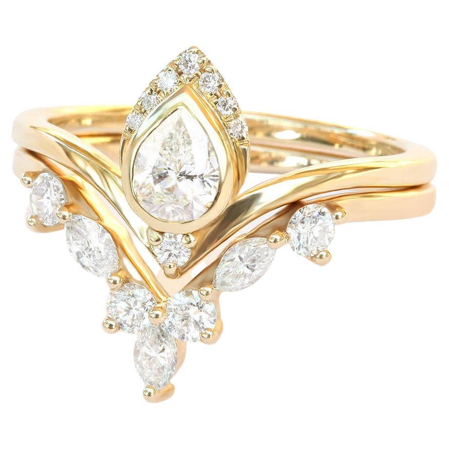 Pear Diamond Unique Chevron Minimalist Engagement Two Ring Set, Atyasha +Iceland For Sale