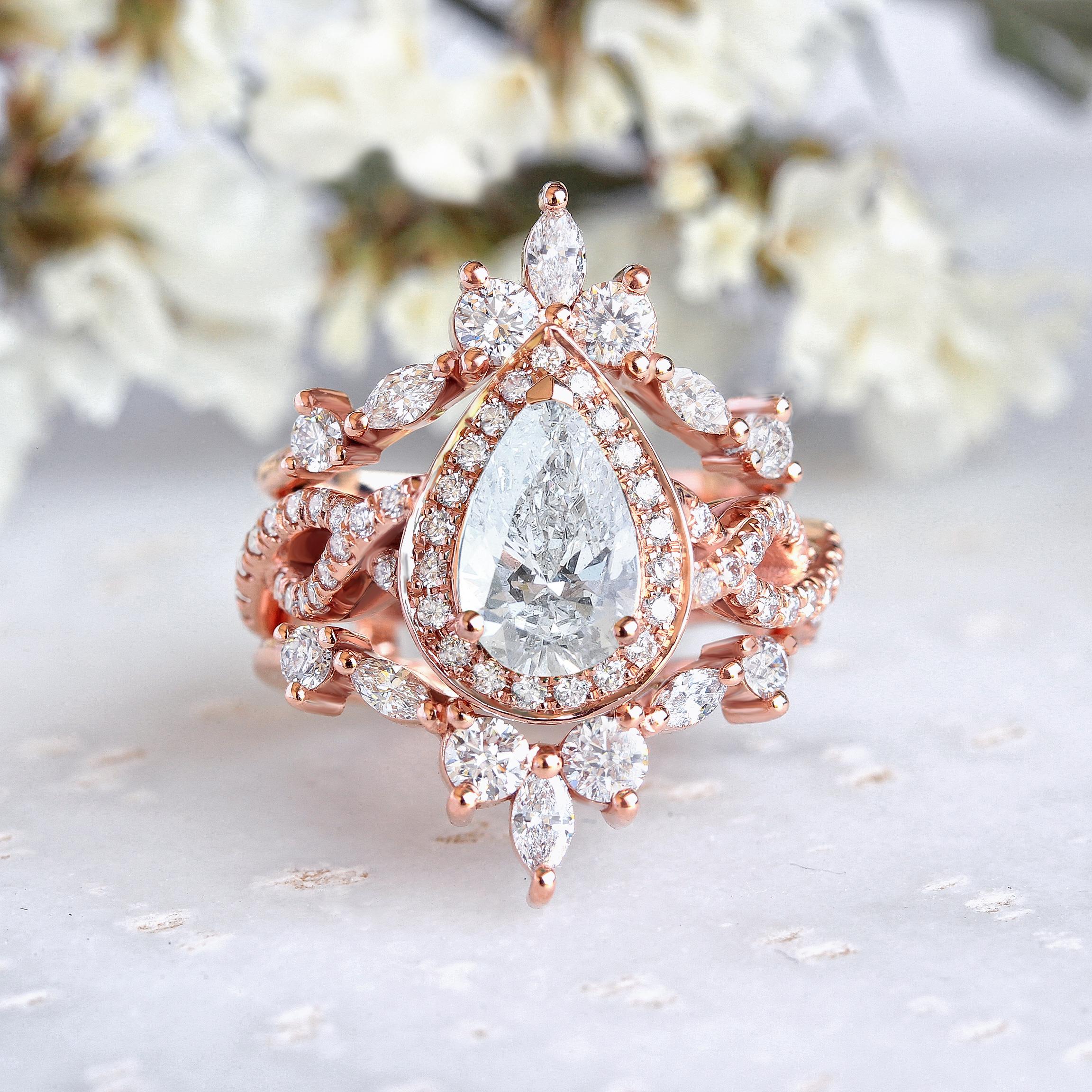 Art Deco Pear Diamond with Halo Twist Infinity Shank Wedding Three Ring Set, 