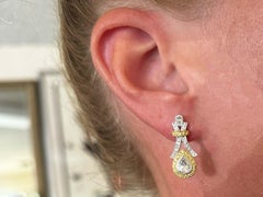 Pear Diamond Yellow Diamond Halo Dangly Earrings 14K Gold