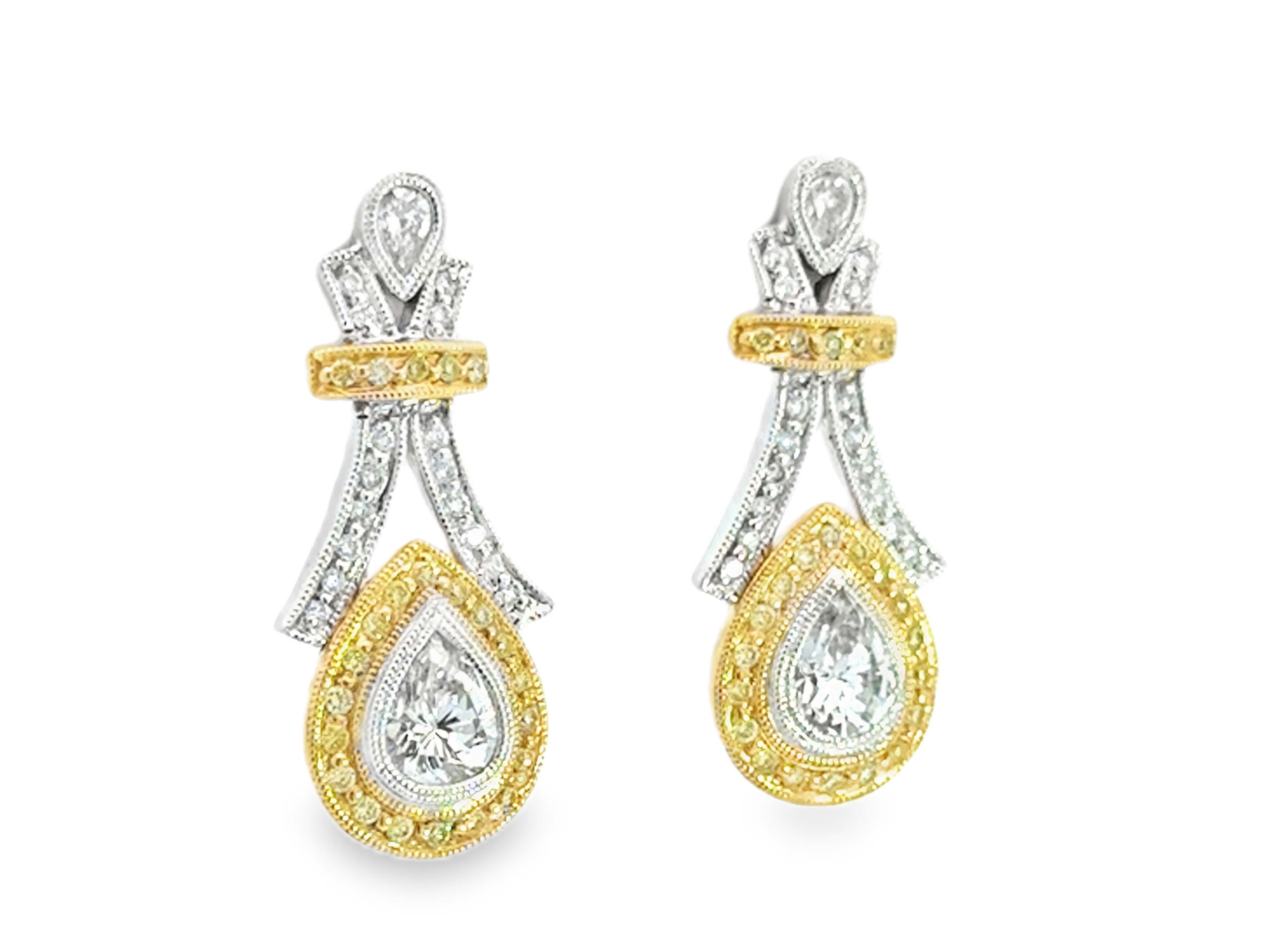Moderne Boucles d'oreilles poire diamant jaune halo en or 14K en vente