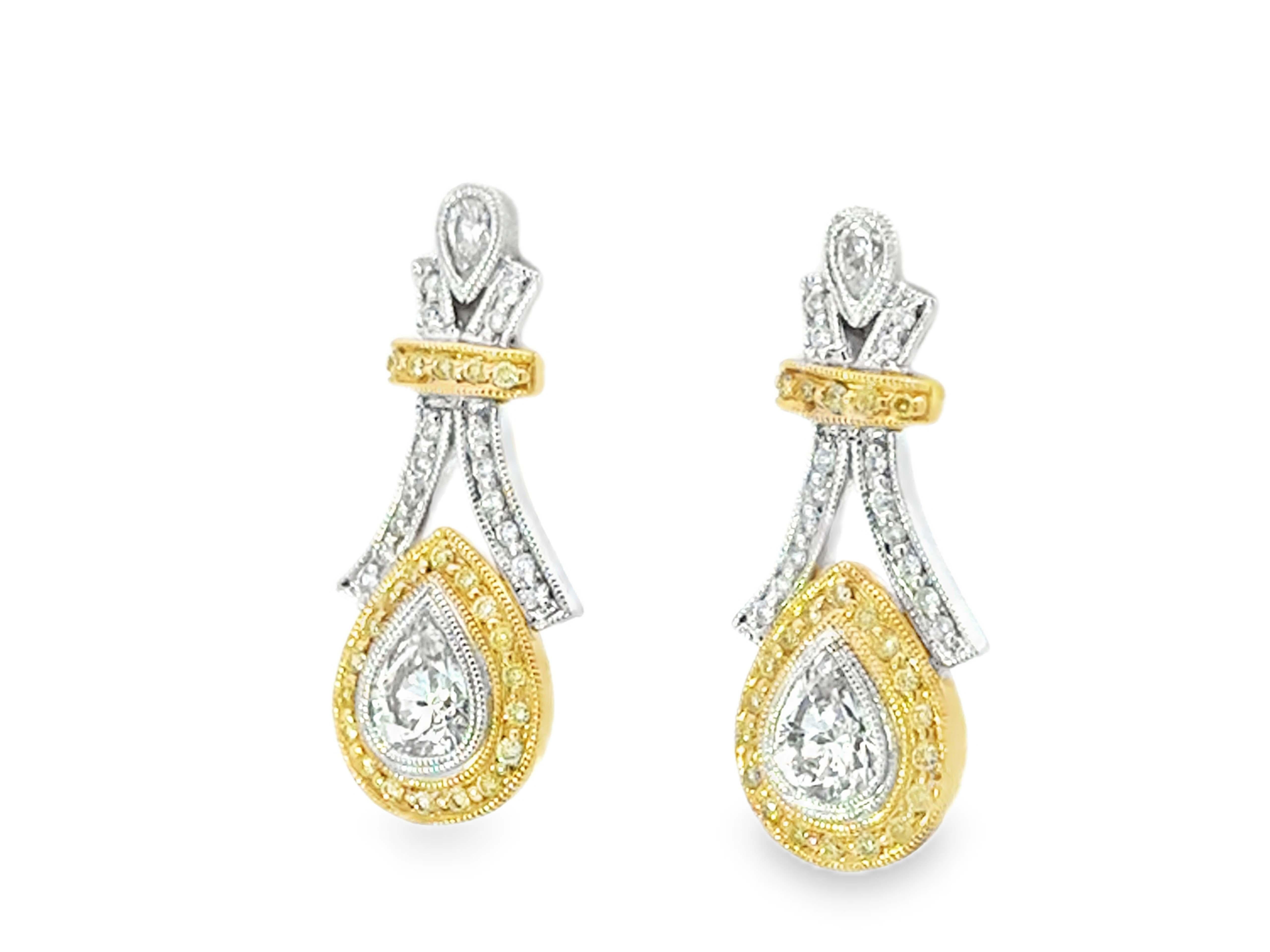 Taille poire Boucles d'oreilles poire diamant jaune halo en or 14K en vente