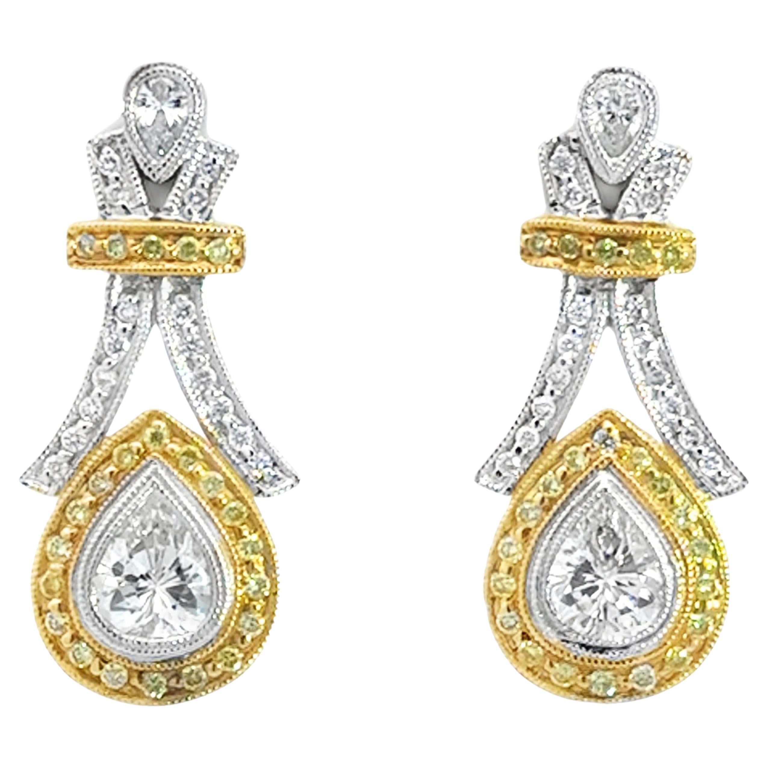 Boucles d'oreilles poire diamant jaune halo en or 14K en vente