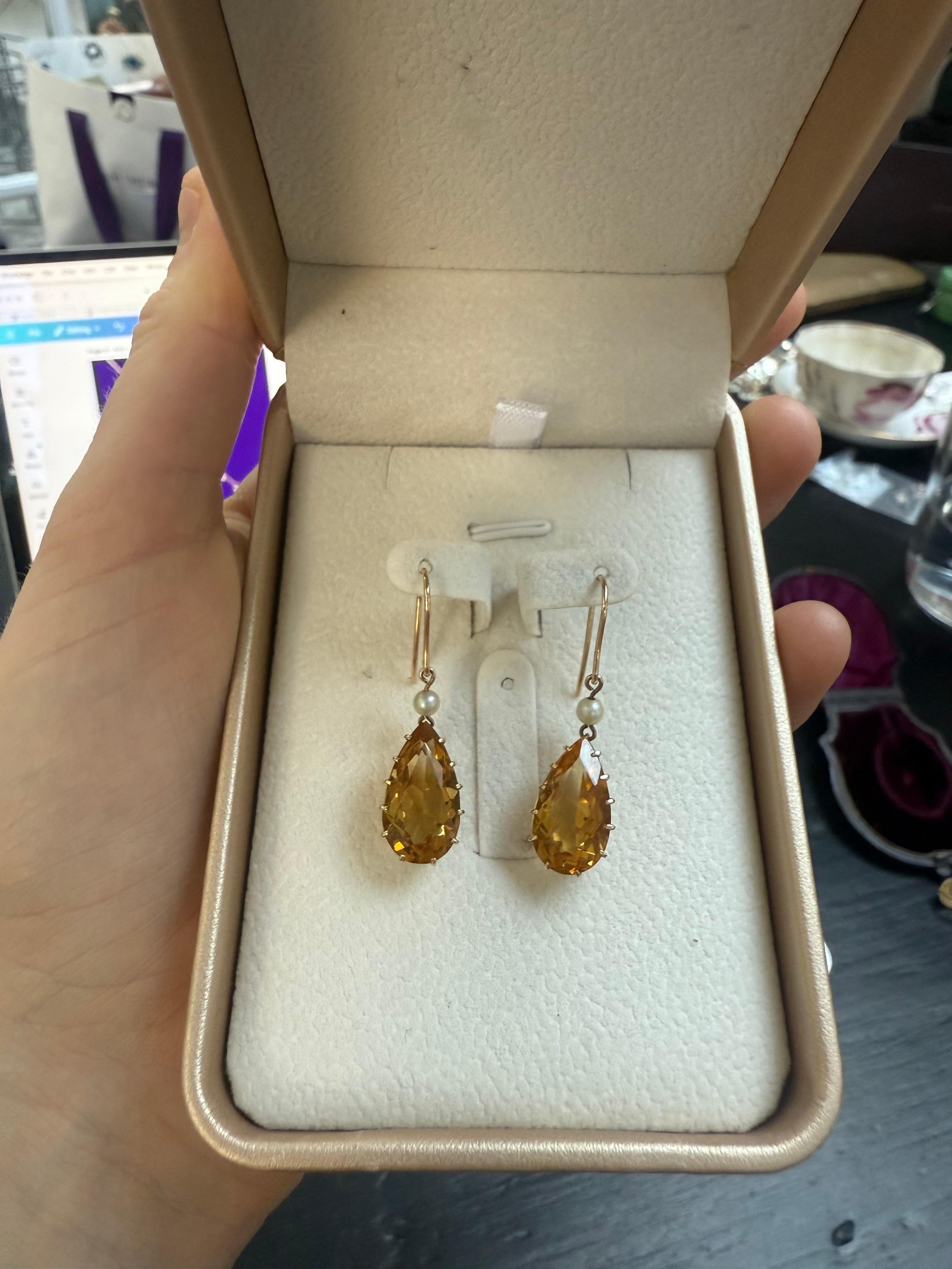 Taglio a goccia Orecchini a goccia a pera con citrino, inizio XX secolo in vendita