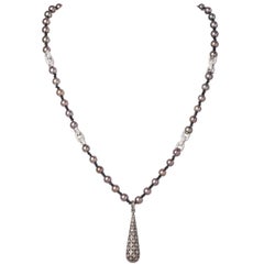 Tear Drop Diamond Sterling Silver Charm Pendant Pearl Necklace w Sapphire Links 