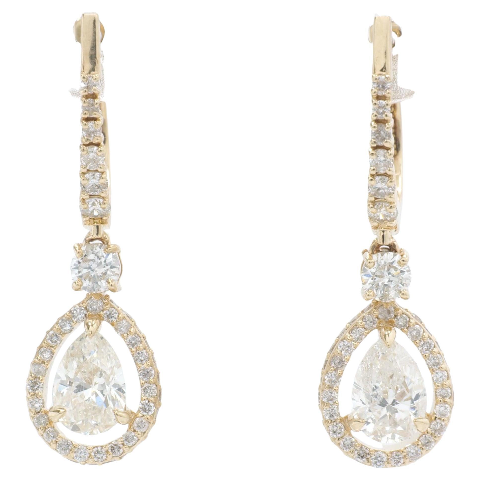 Pear Drop Natural Diamond Halo Huggie Earrings in 14k Solid Gold (Certified)