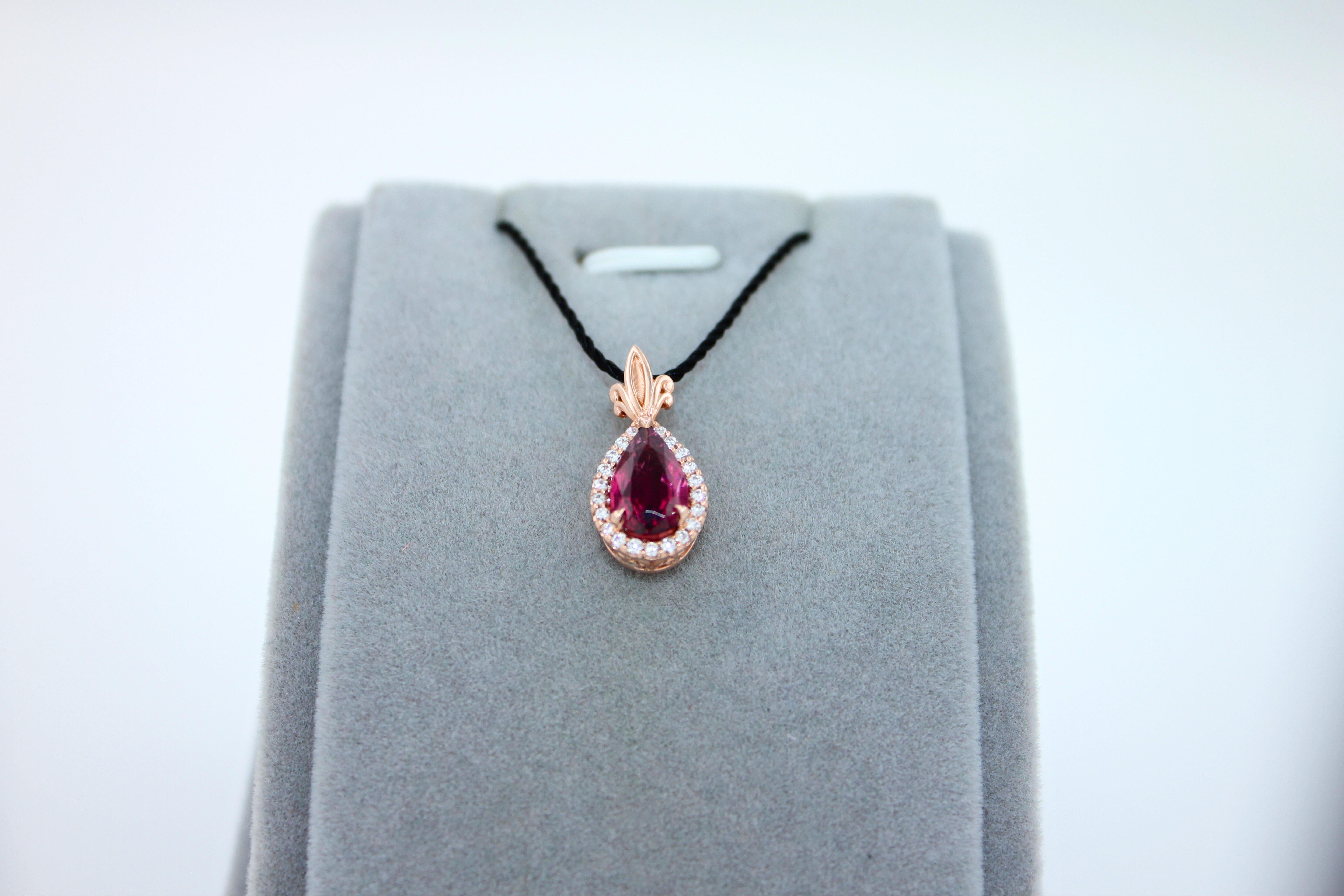 Pear Drop Red Pink Tourmaline Rubellite Diamond Halo Pave 14k Rose Gold Pendant For Sale 3