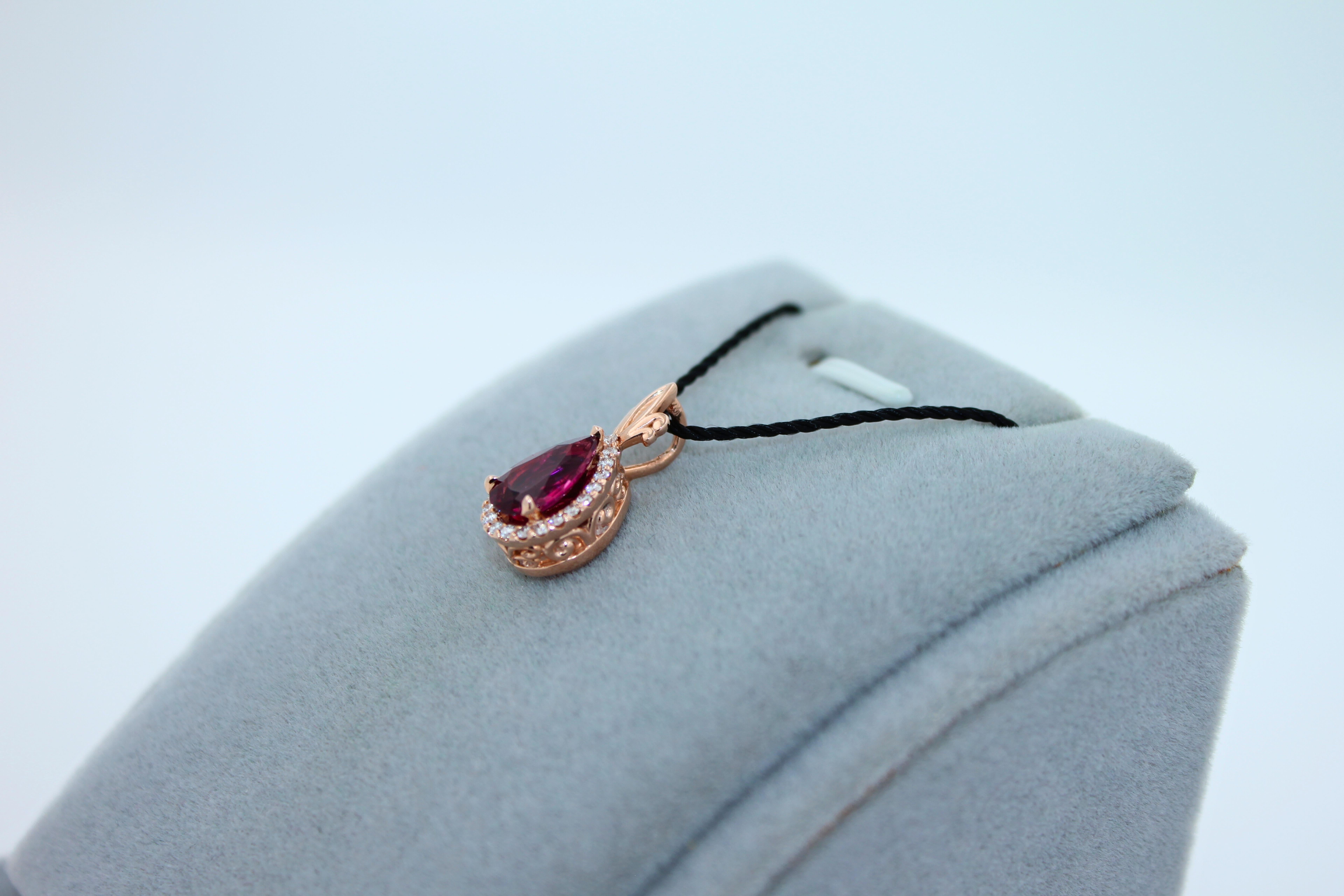 Pear Drop Red Pink Tourmaline Rubellite Diamond Halo Pave 14k Rose Gold Pendant For Sale 4