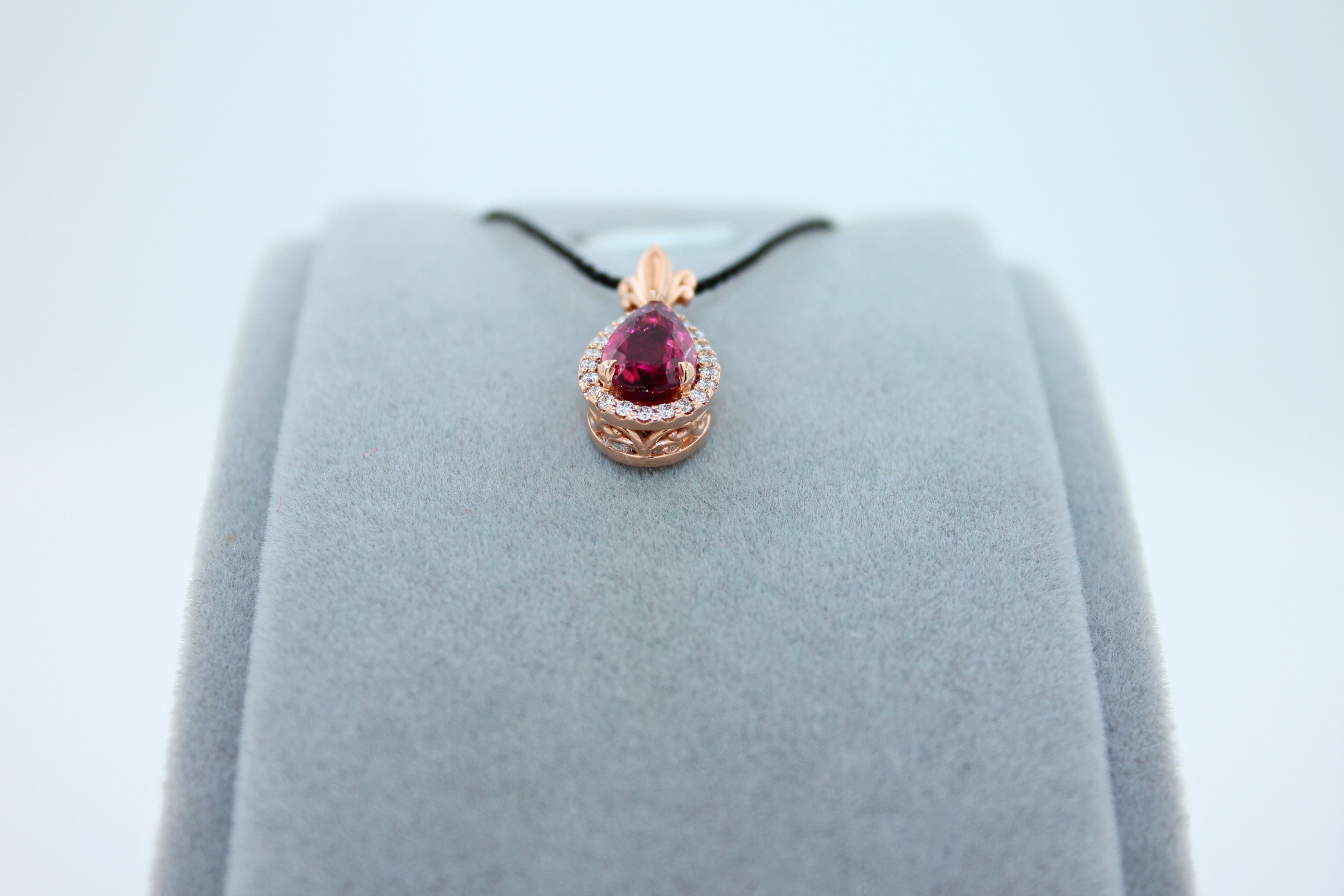Pear Drop Red Pink Tourmaline Rubellite Diamond Halo Pave 14k Rose Gold Pendant For Sale 5