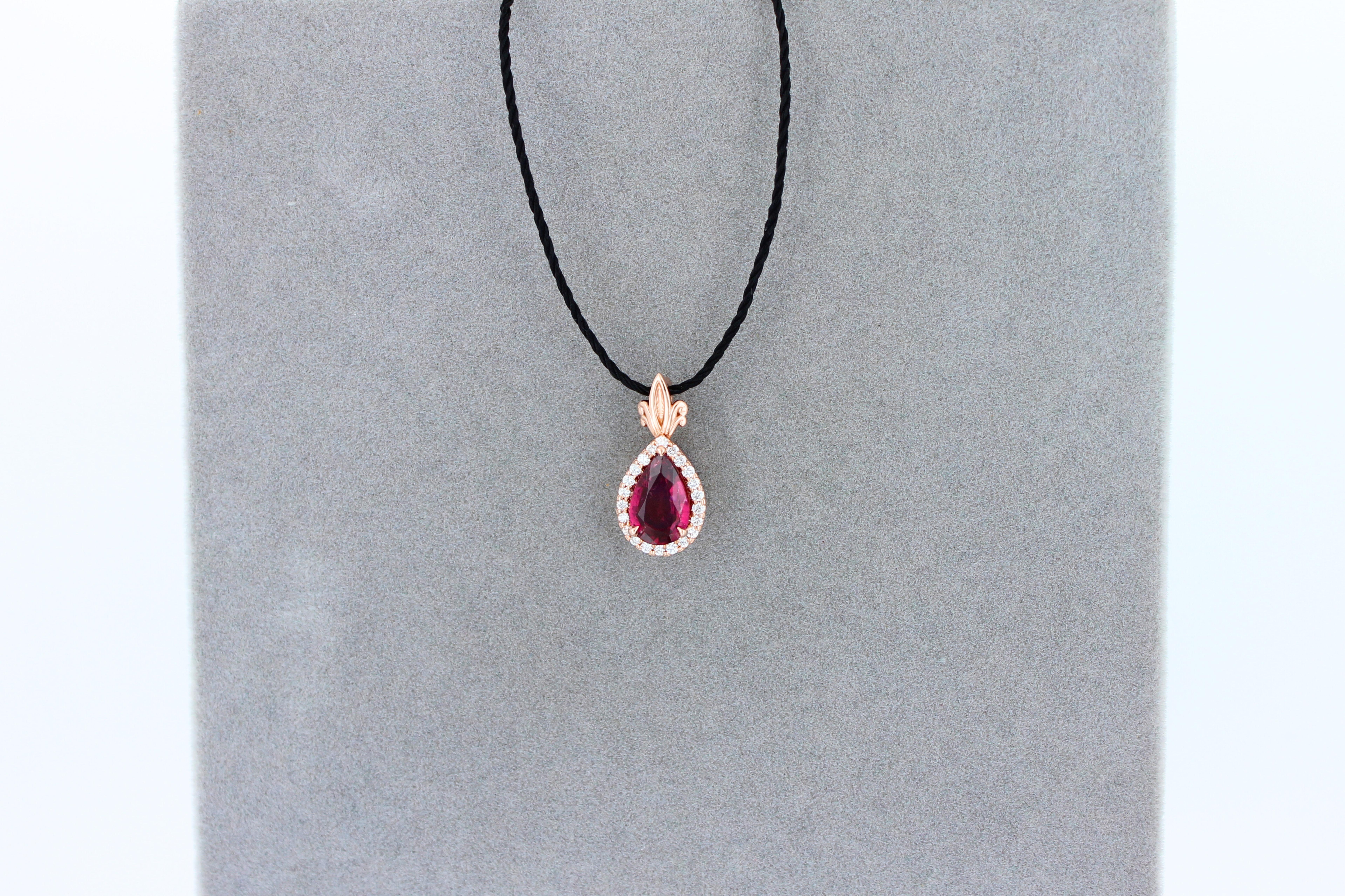 Pear Drop Red Pink Tourmaline Rubellite Diamond Halo Pave 14k Rose Gold Pendant For Sale 6