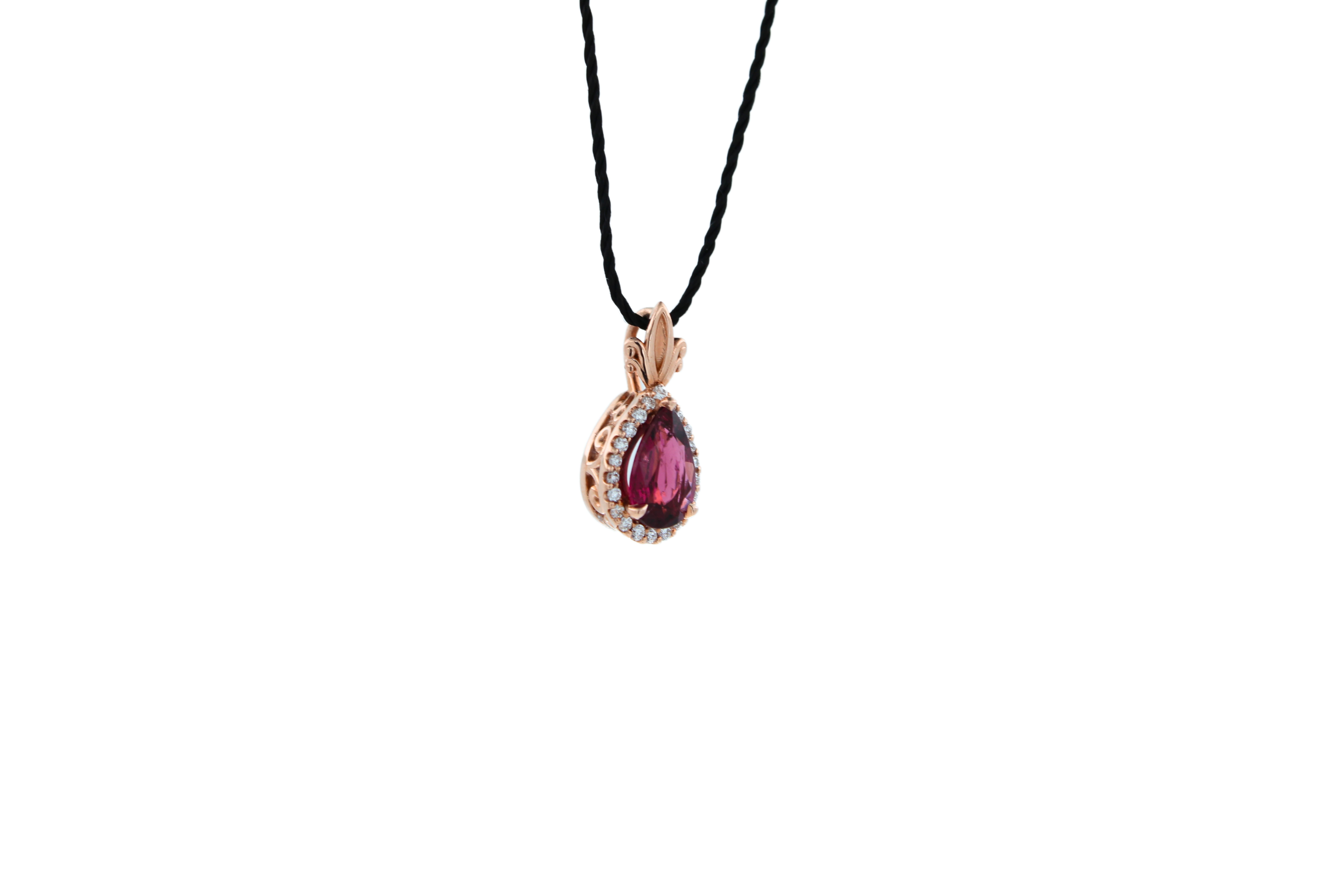 Modern Pear Drop Red Pink Tourmaline Rubellite Diamond Halo Pave 14k Rose Gold Pendant For Sale