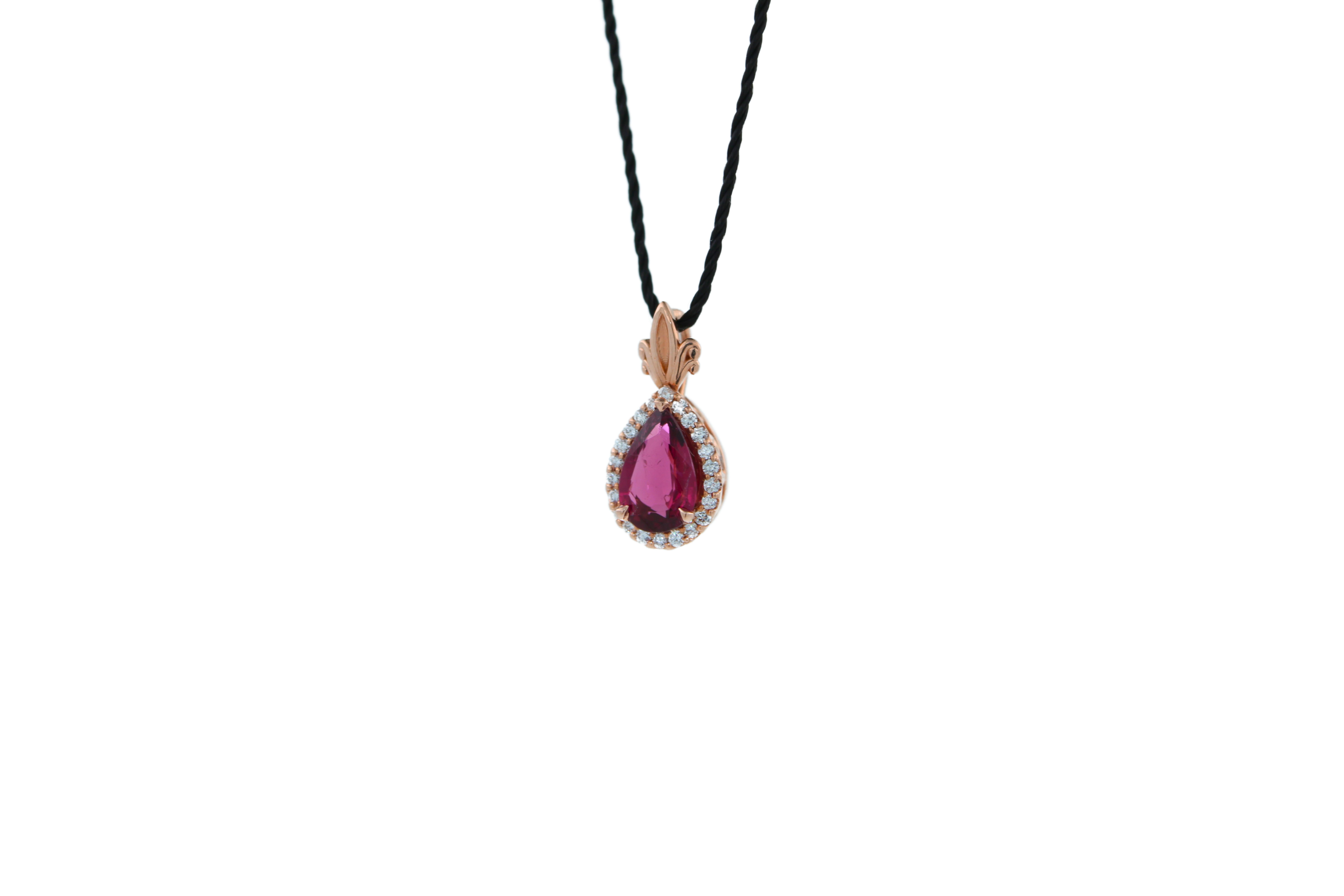 Pear Cut Pear Drop Red Pink Tourmaline Rubellite Diamond Halo Pave 14k Rose Gold Pendant For Sale